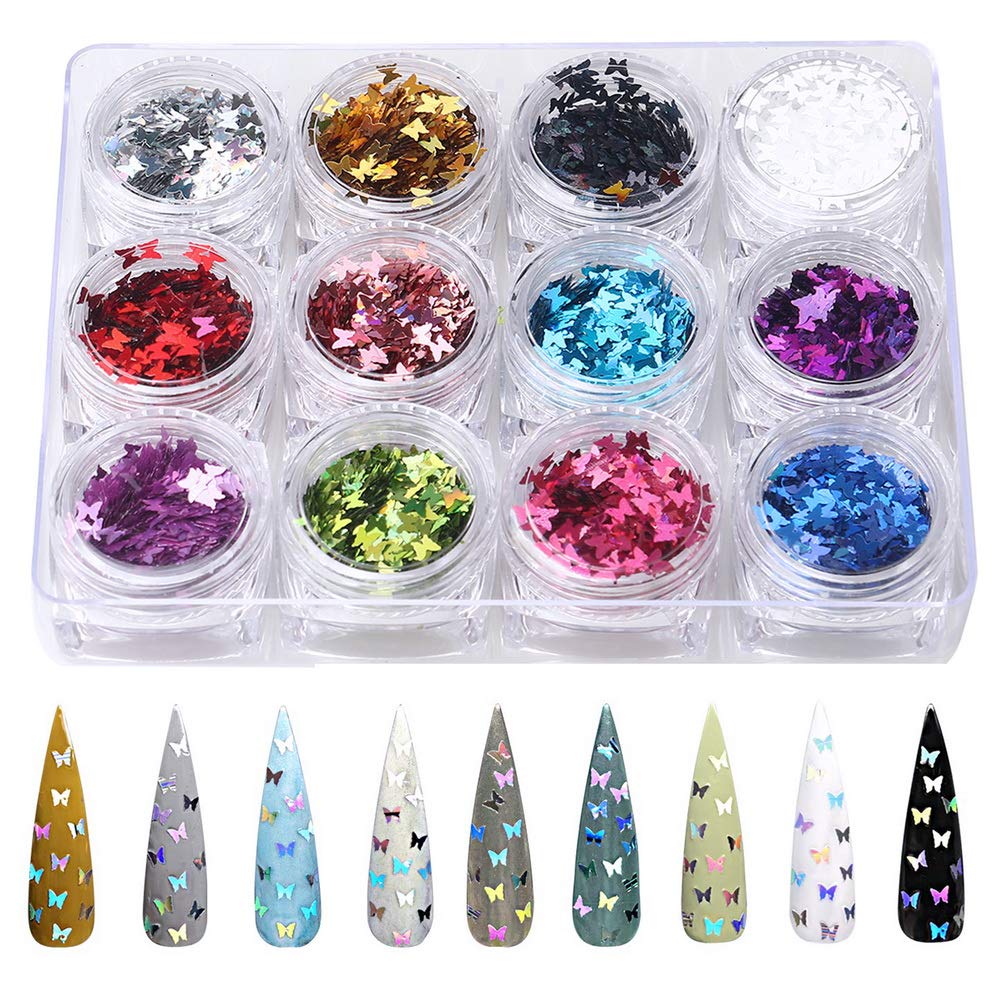 Pengxiaomei 12 Colors Nail Art Butterfly, 3D Nail Art Flakes Butterfly Glitter Nail Sequins Nail Art Decoration Butterfly Confetti for Nails Nail Art Design Makeup DIY Decoration