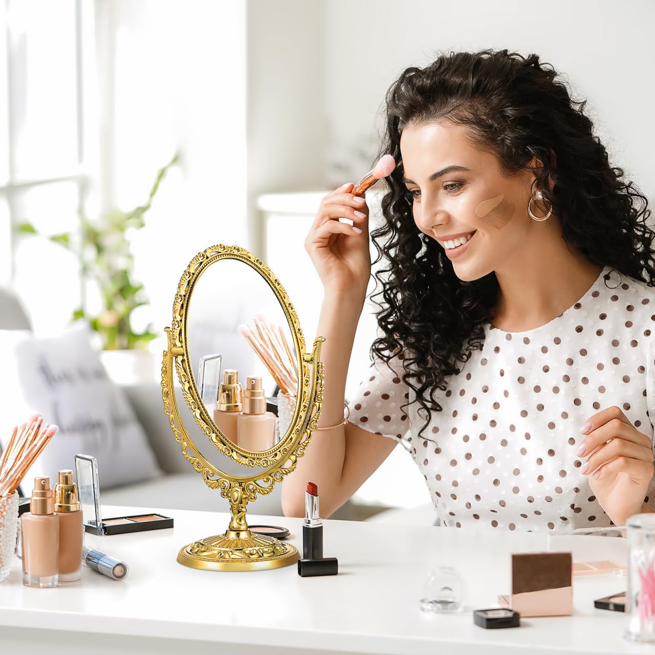 NOLITOY Vintage Desk Vanity Mirror, Golden Adjustable Makeup Mirror Two Sided Oval Swivel Cosmetic for Dressing Bathroom Bedroom
