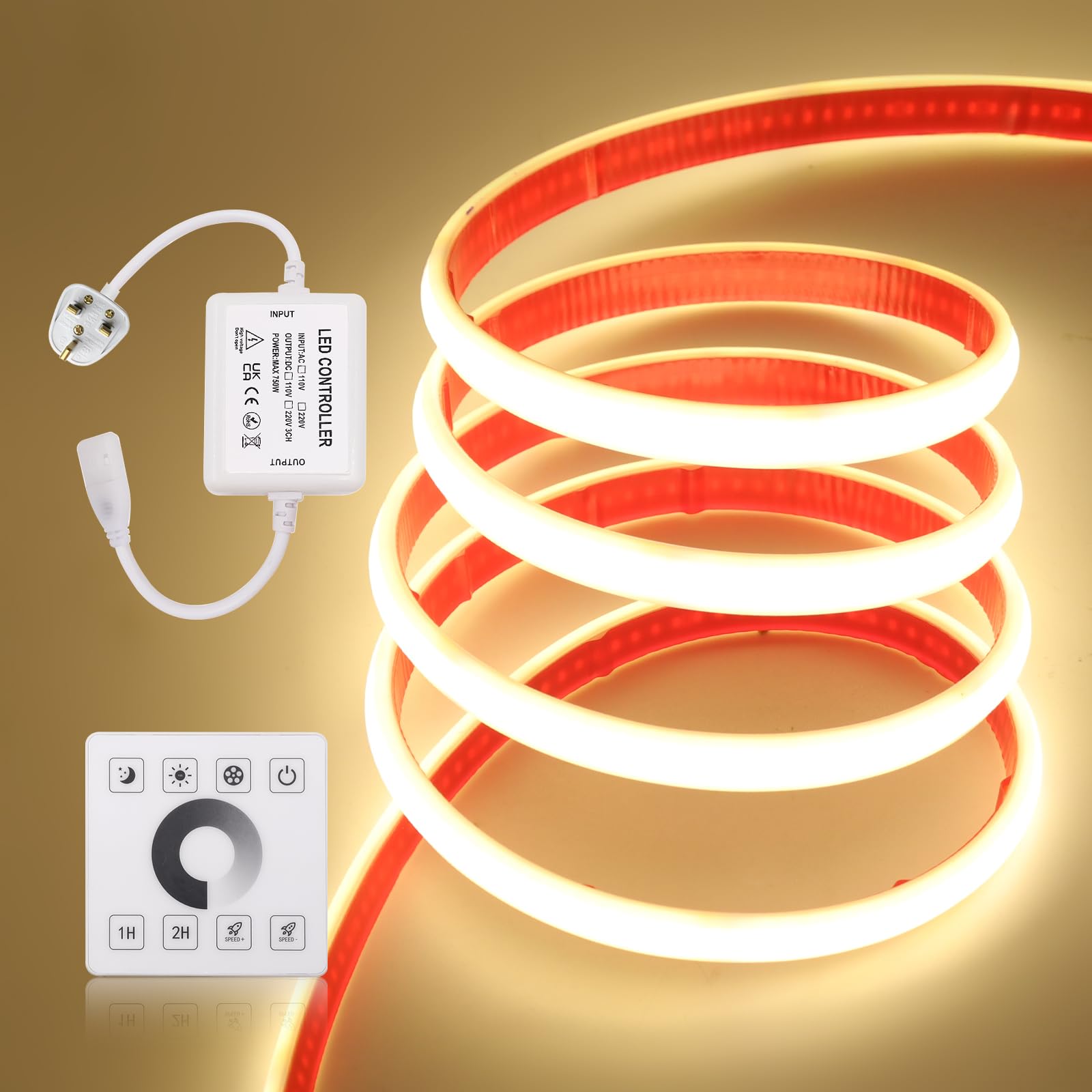 KISUFU 220V COB LED Tape Neon LED Strip, 240 LEDs/m IP67 Waterproof Dimmable Double-Sided Glue Light Strip with RF 750w Touchscreen Dimmer for Kitchen, Living Room, Party, Bar Decoration