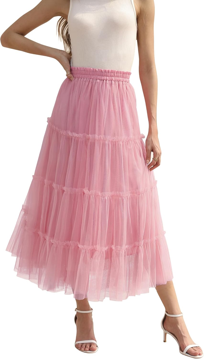 OBBUE Women's Long Tulle Skirt Fairy Ruffle Tiered Layered Midi Skirts A-Line Elastic Waist Tutu Skirt