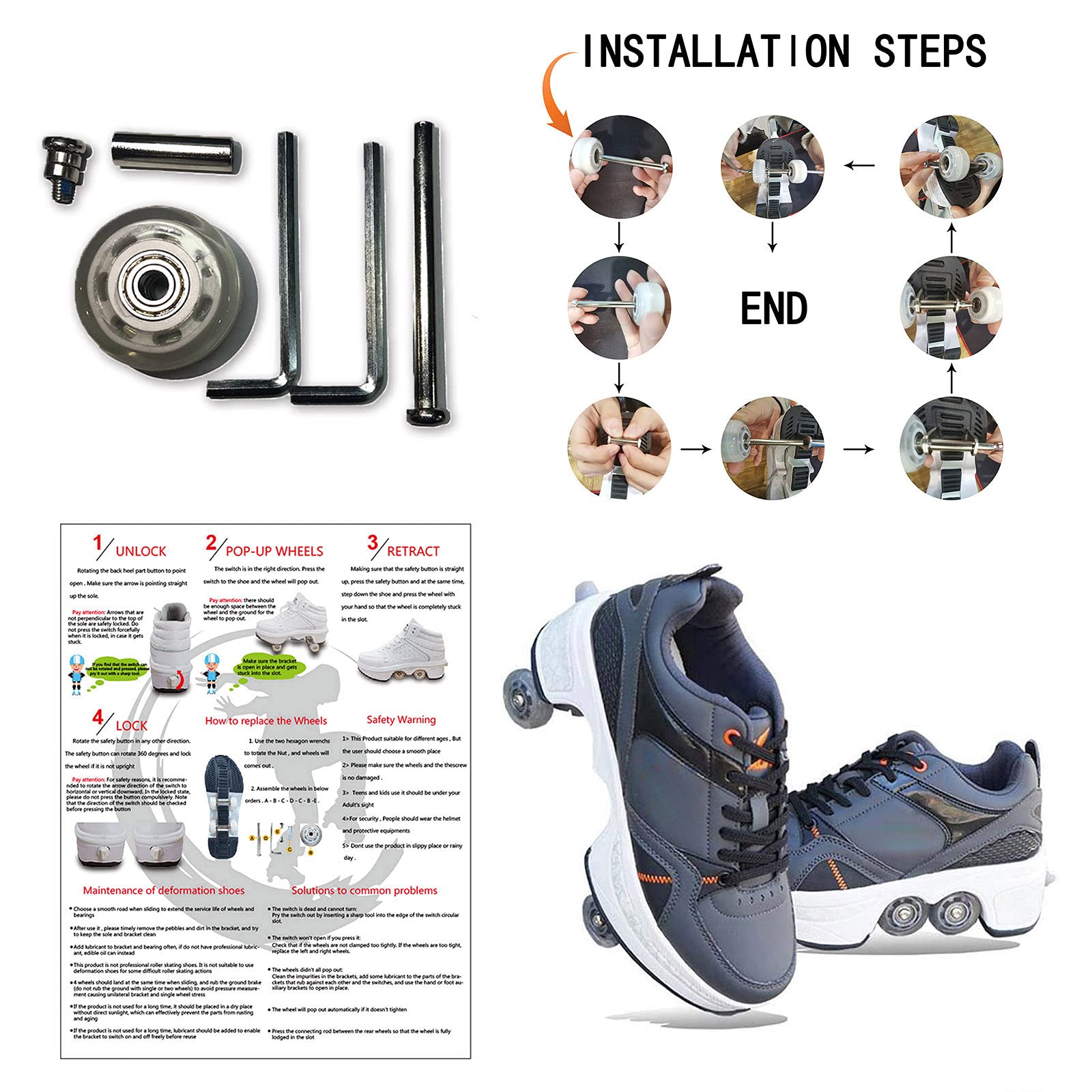 Double-Row Deform Wheel Automatic Walking Shoes Invisible Deformation Roller Skate 2 in 1 Removable Pulley Skates Skating Parkour