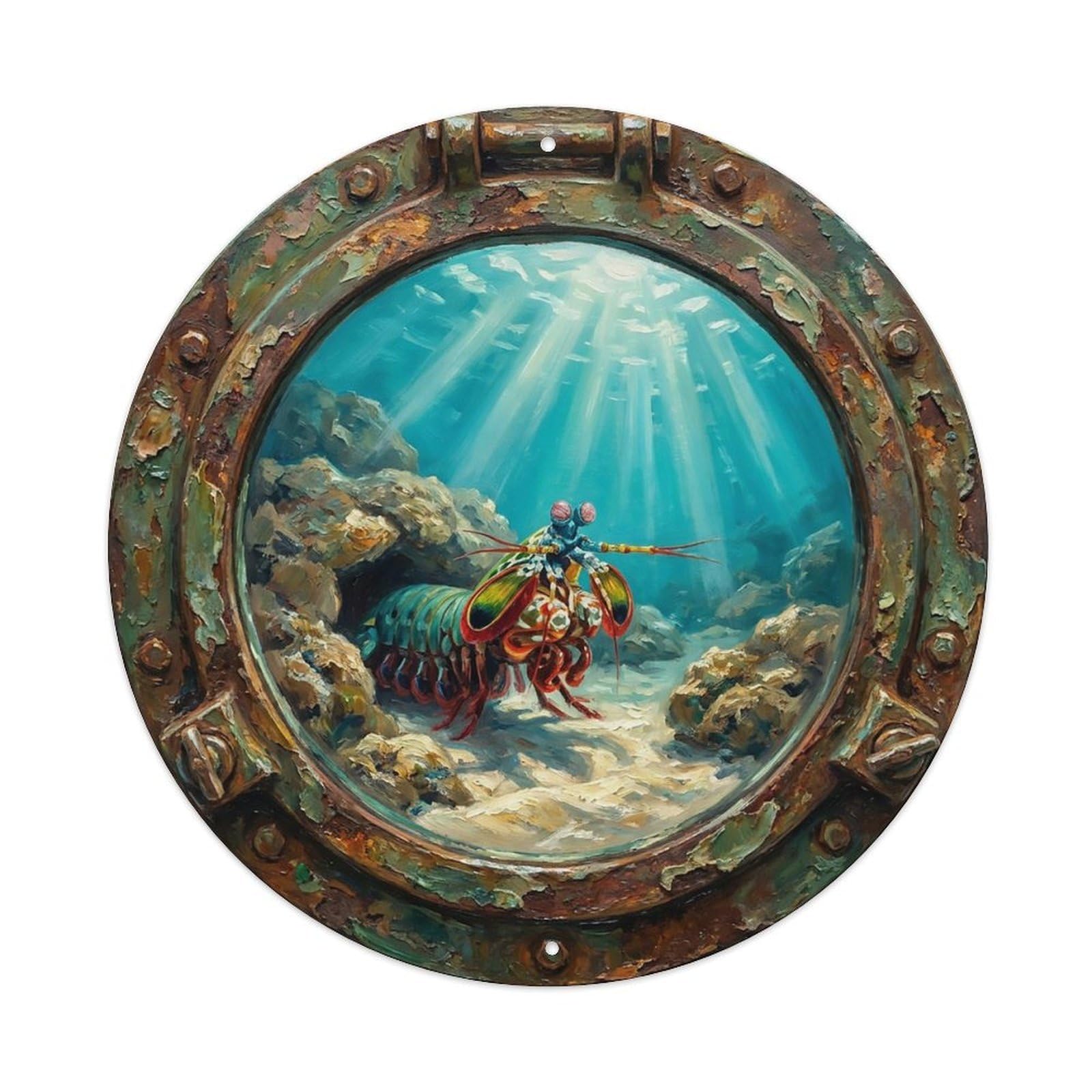 Vintage Porthole Mantis Shrimp Powerful Ship Window Undersea Deep Sea Metal Tin Sign