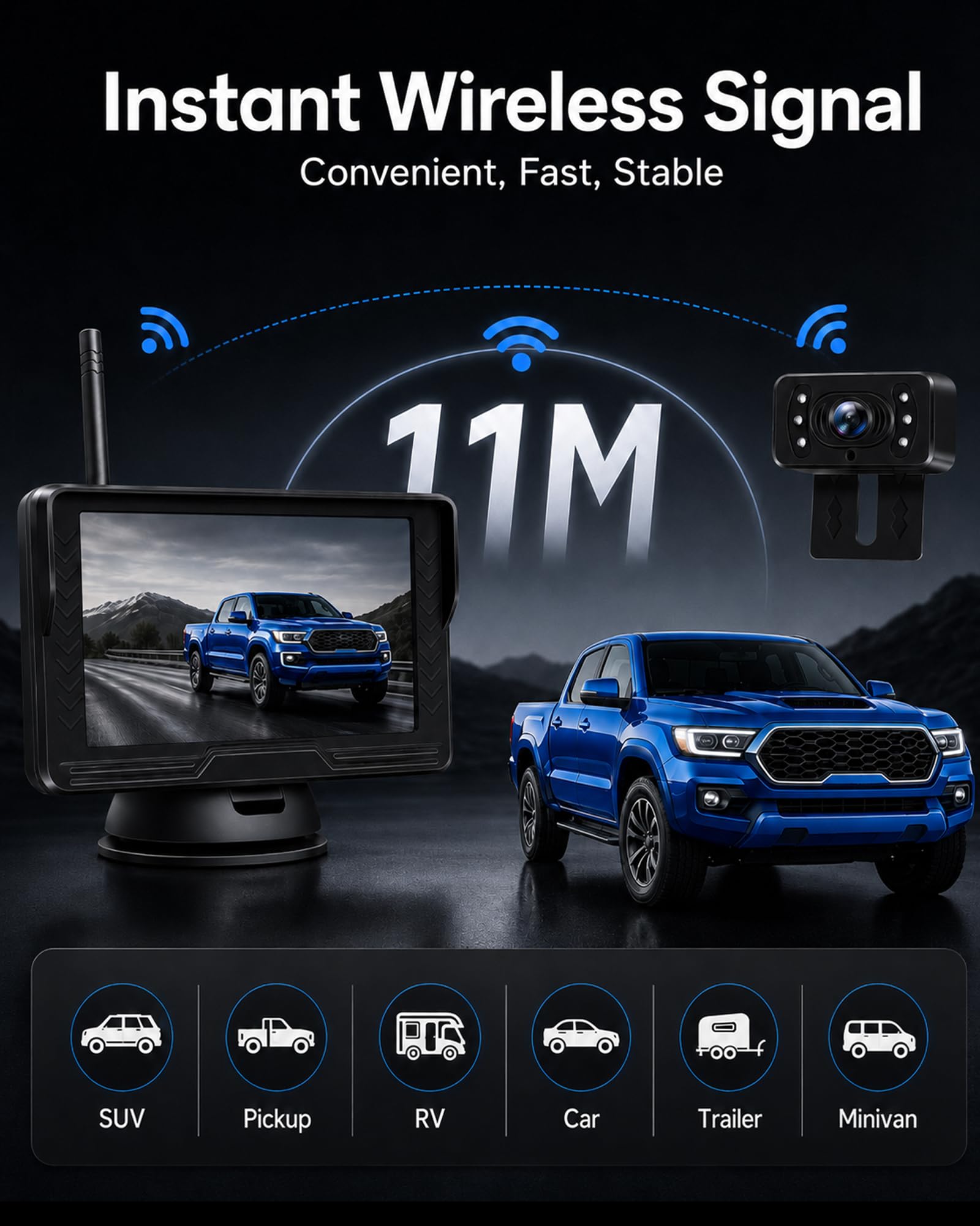 【Stabilny sygnał】AHD 1080p kamera cofania bezprzewodowa, bezprzewodowa kamera cofania do samochodu z monitorem 5", 6 diod LED, szerokokątny kąt widzenia 170°, wodoszczelność IP69, przewodnik "zrób to