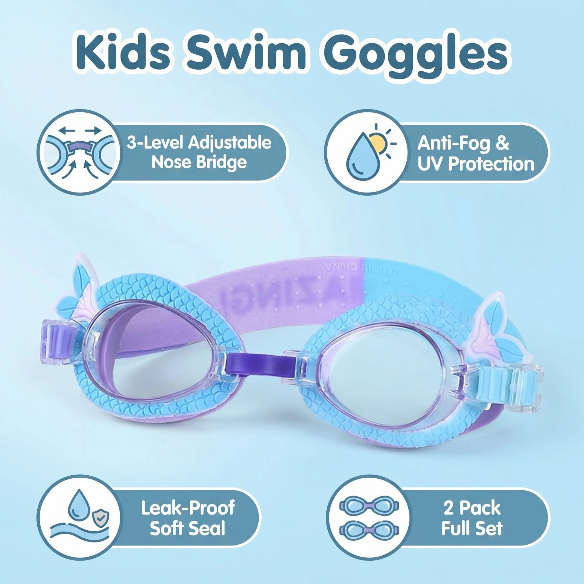 Kinder-Schwimmbrille, auslaufsicher, wasserdicht, beschlagfrei, verstellbar, für Kinder im Alter von 2–12 Jahren, 2 Stück