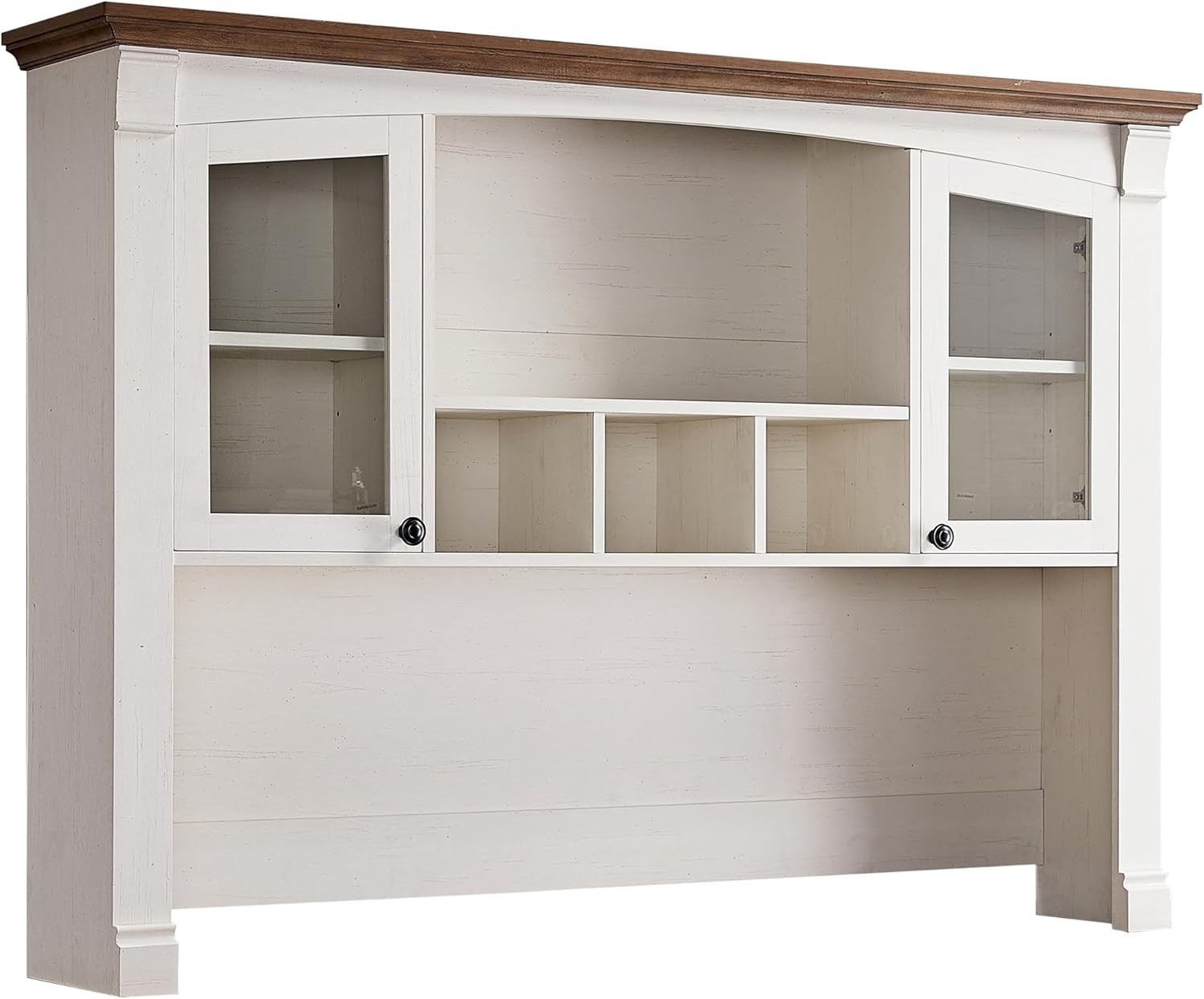 OKD Farmhouse Hutch for 60" Executive Desk - Antique White Storage Cabinet with Glass Doors, Adjustable Shelves & Cubbies for Home Office