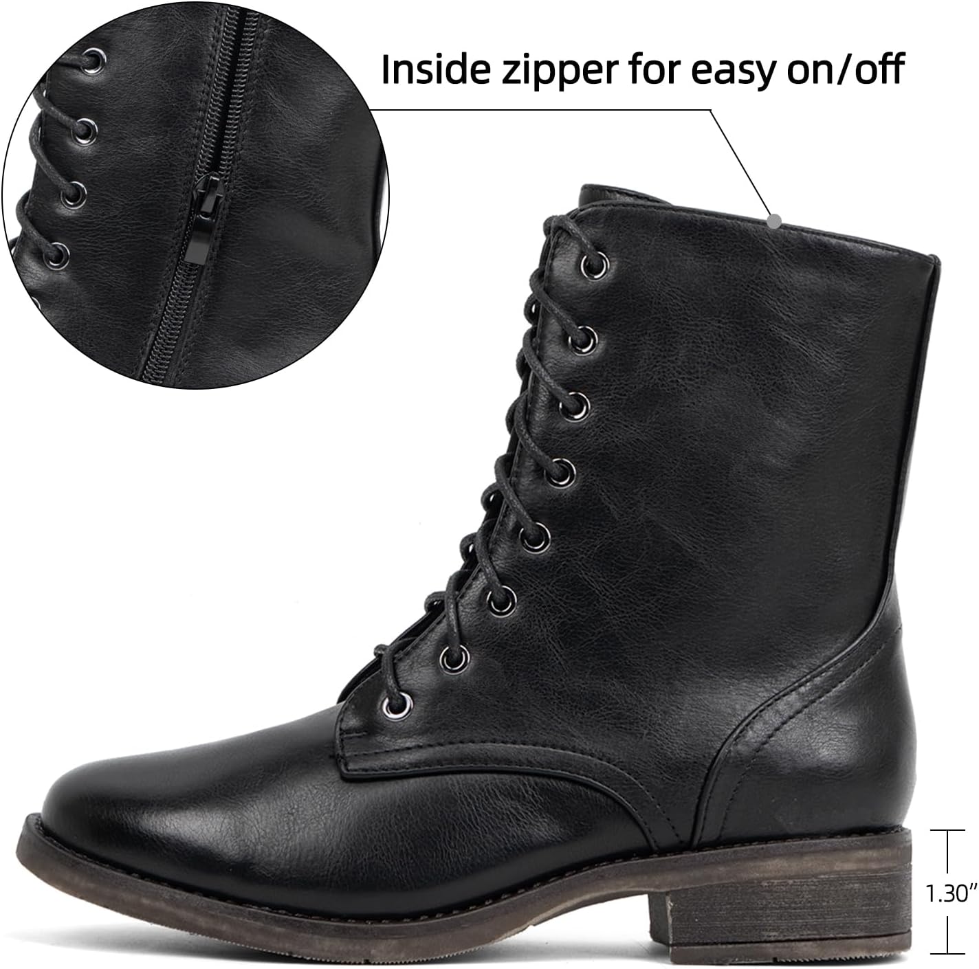 VJH confort Women's Mid Calf Boots Lace-up Military Combat Low Heel Booties with Zipper