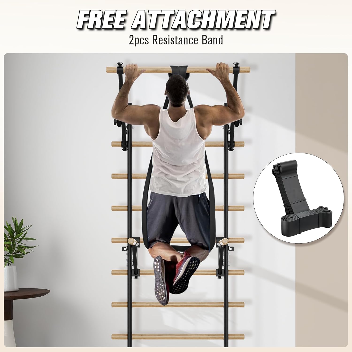 Swedish Ladder Wall Gym, Stall Bar Home Gym with Adjustable Pull-Up Bar, Dip Bar Attachments & 2pcs Resistance Band, 9 Strategic Rods for Core Strengthening and Stretching Balanced for Body Exercise