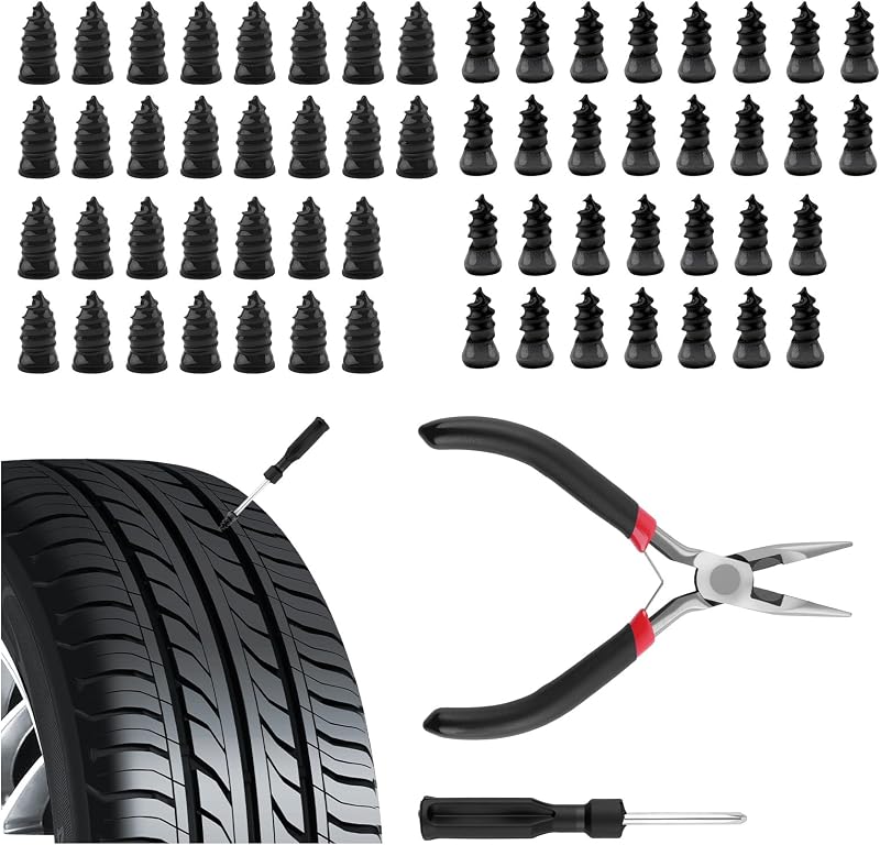 Aokdom 60PCS New Car Tire Repair Rubber Nail Kit,Emergency Screw Tire Plug Kit with 2 Sizes of Tires Repair Screws/Pliers/Screwdrivers,Self-Service Tubeless Vacuum Tires Plugs Screw Type
