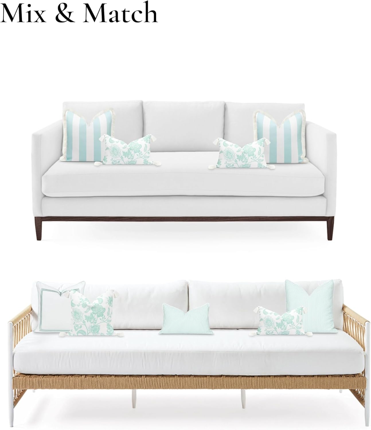 Hofdeco Premium Fall Coastal Patio Indoor Outdoor Lumbar Pillow Cover Only, 12"x20" Water Repellent for Backyard, Couch, Muted Aqua Floral Tassel