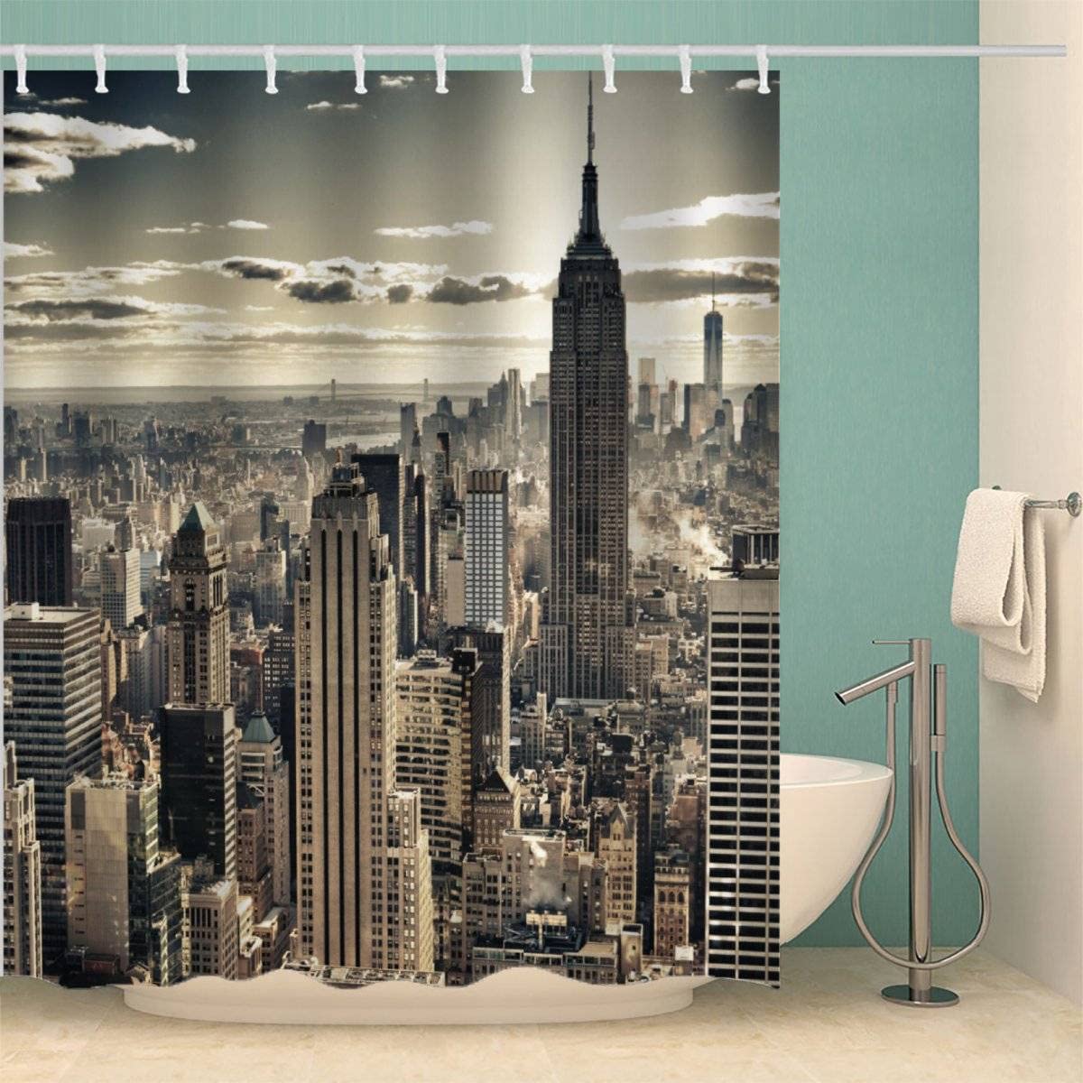 Luoru Color19 3D Printed New York Shower Curtain 180X180 Cm Waterproof Mould & Mildew Resistant 100% Polyester Fabric Washable Modern Cityscape Bath Curtains For Shower With 12 Hooks For Bathroom Decoration