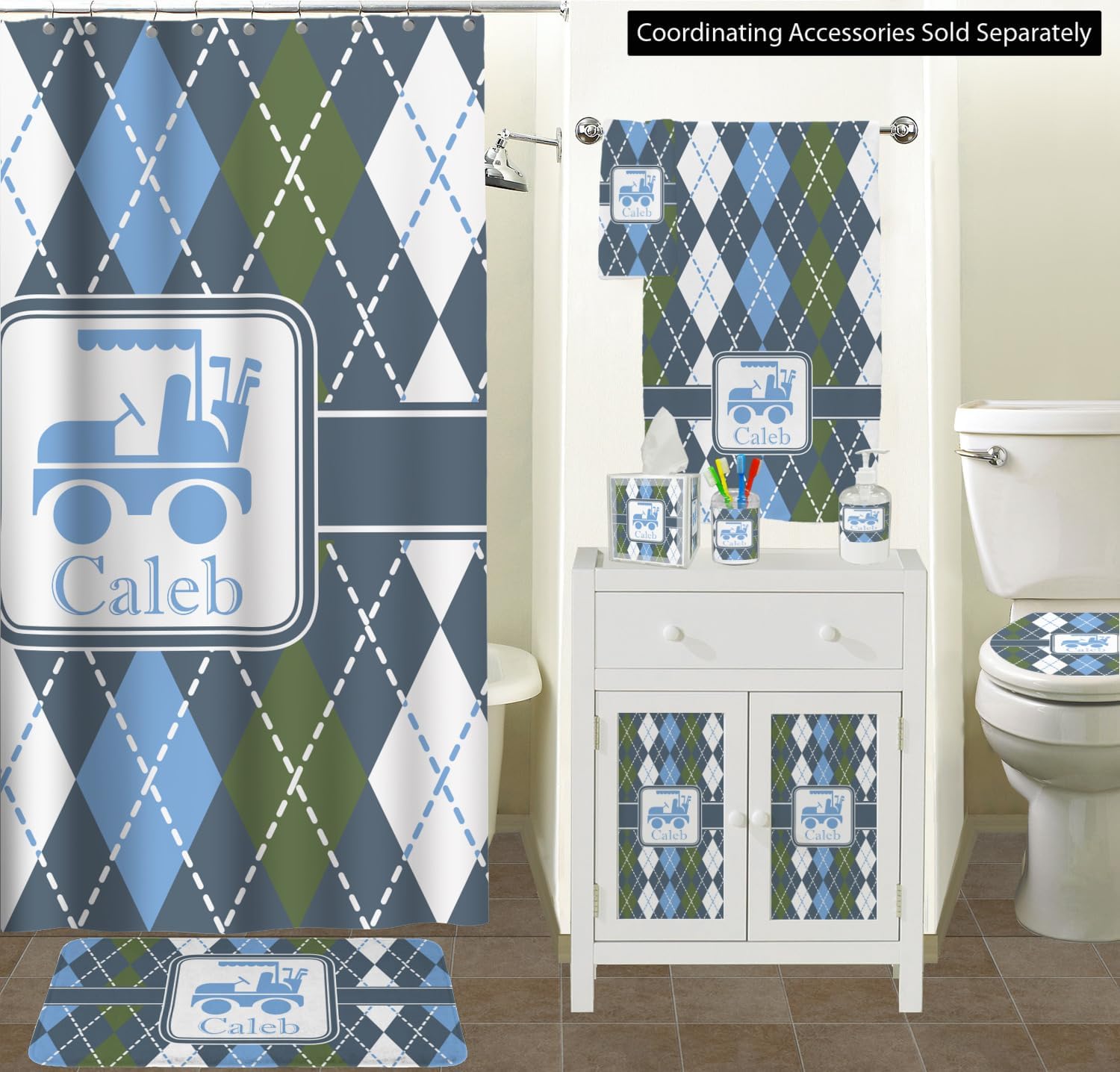 Personalized Blue Argyle Waste Basket - Double Sided (Black)