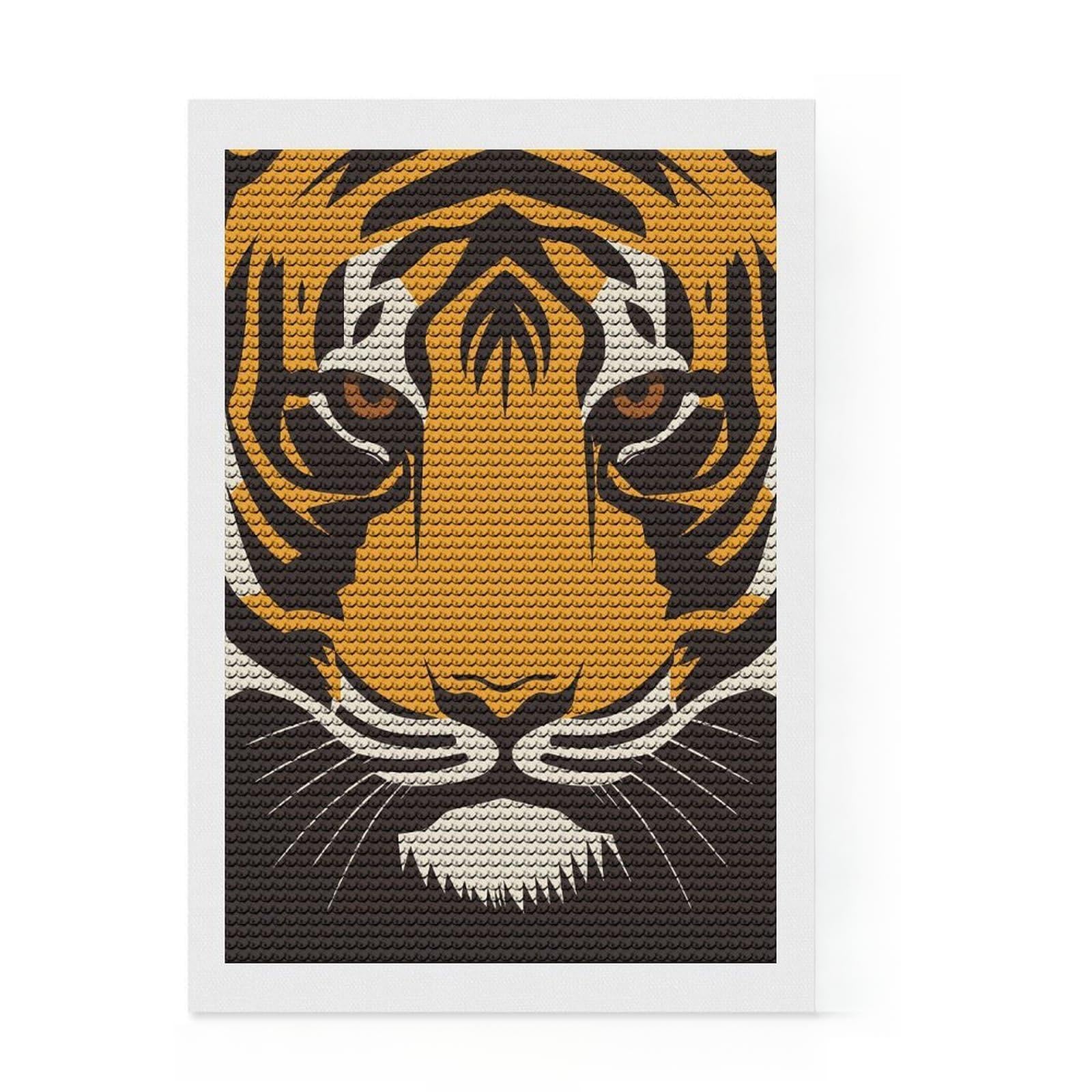Junmoney Tiger Face Illustration Diamond Style Art Kit 8"x12", Round Gems, Mindful Craft Project, Thoughtful Present, Aesthetic Room Decor