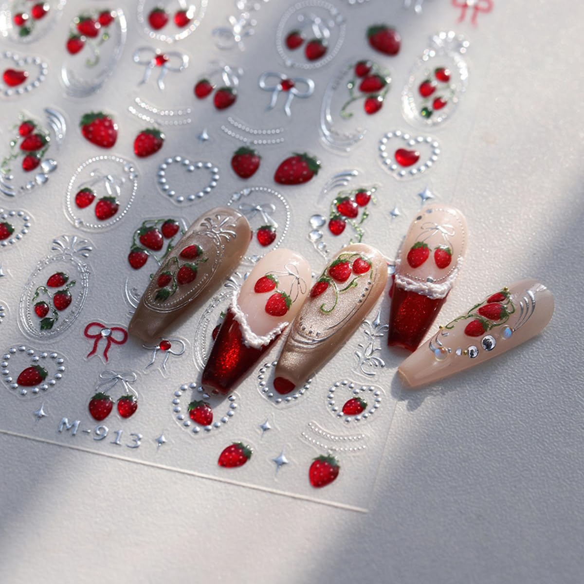 Strawberry Nail Art Stickers 5D Embossed Strawberry Jelly Nail Decals 1PCS Hot Stamped Silver Bow Heart Shape Star Design Adhesive Sliders Fruit