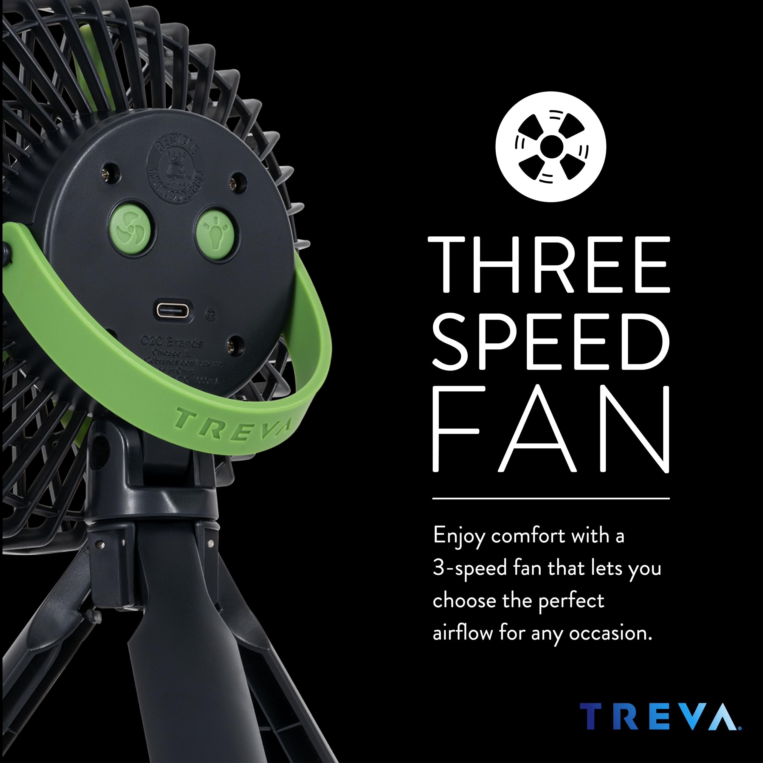 Treva Ventilador de trípode de 5 pulgadas con luz integrada y soporte para teléfono acoplable, mini ventilador recargable de 3 velocidades con asa para viajes, camping, al aire libre