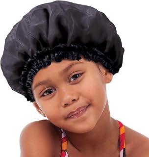 DONNA KIDS SATIN BONNET Sleeping Cap Hair Bonnet Soft Satin Kids Hair Bonnet Shower Cap for Kids BLACK
