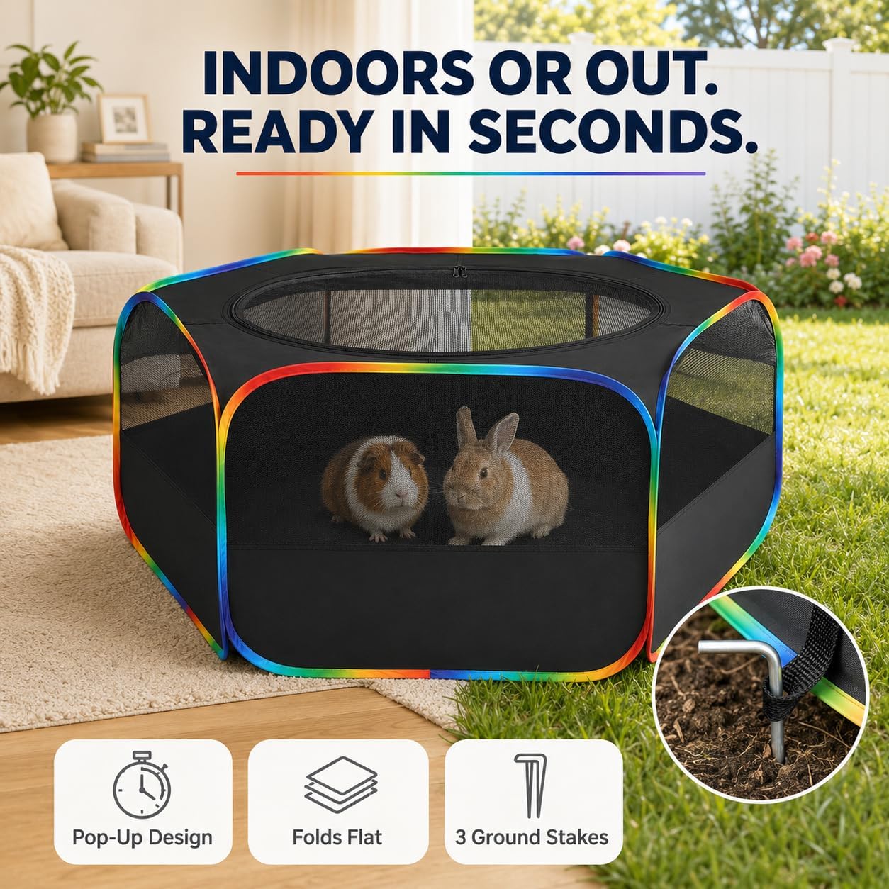 Small Animal Playpen, Chick Brooder Box, Guinea Pig Hamster Indoor Playpens & Outdoor Pet Cage Tent with Cover Top, for Kitten/Ferret/Hedgehog/Rabbit/Duckling, Black & Rainbow