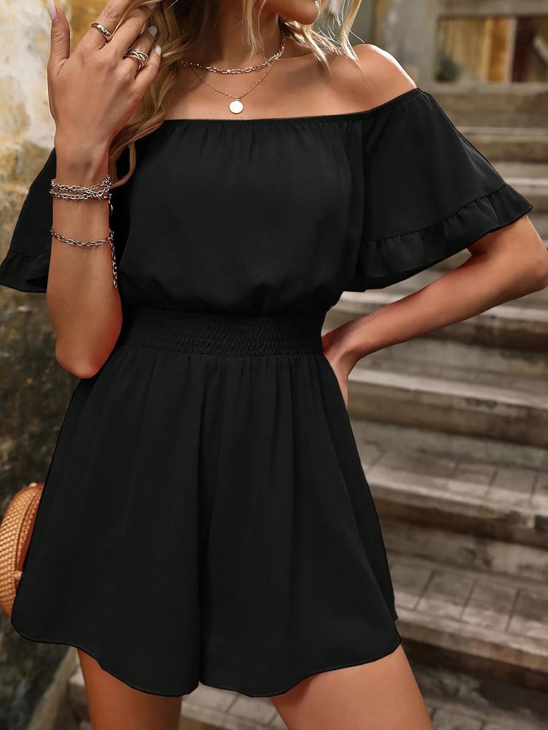 Rompers for Women Summer 2026 Off Shoulder Flounce Sleeve Romper