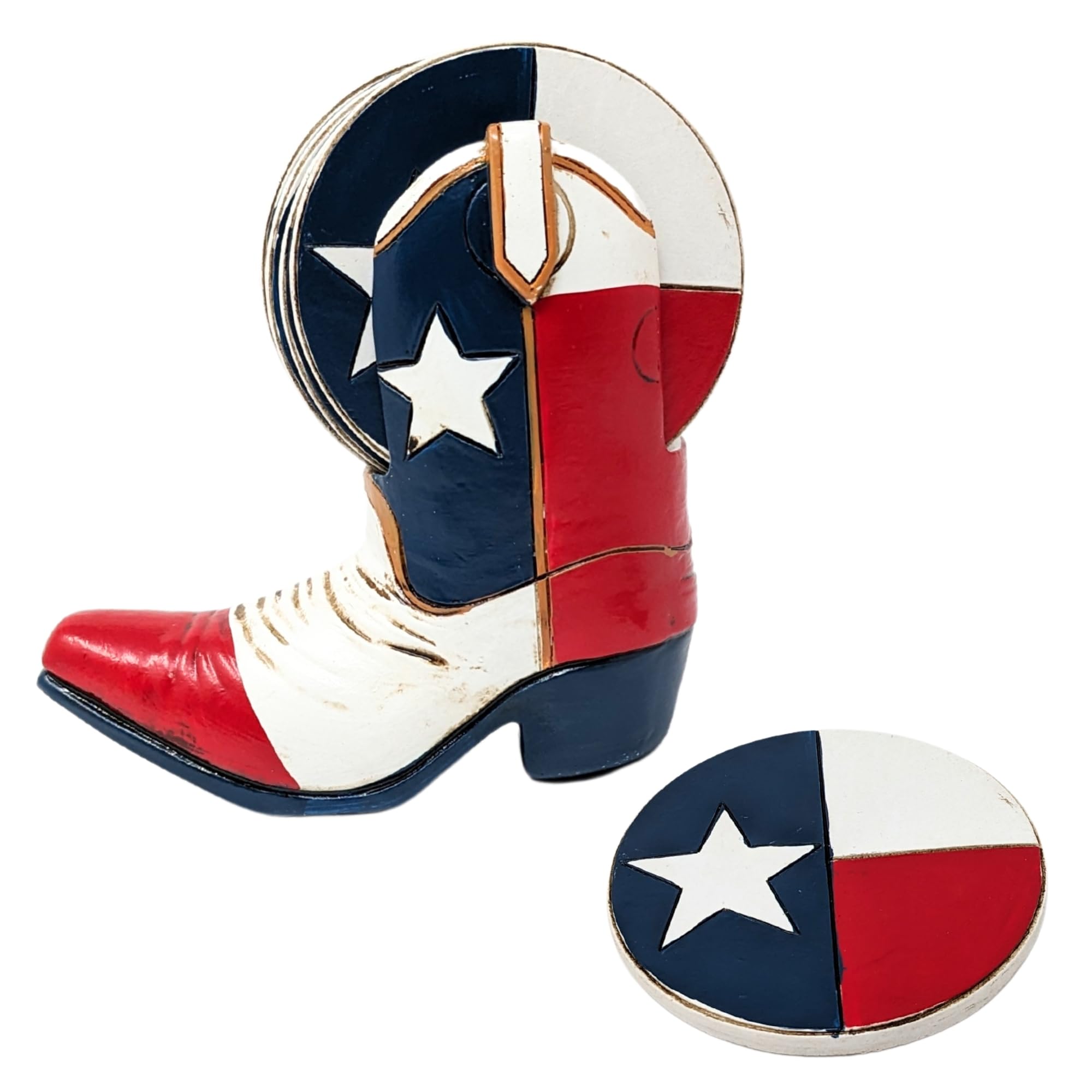 Texas Flag Boot Coaster Set – Rustic Western Texas State Flag Round Coasters with Holder – Cowboy-Themed Drink Coasters for Home, Kitchen, Bar, Coffee