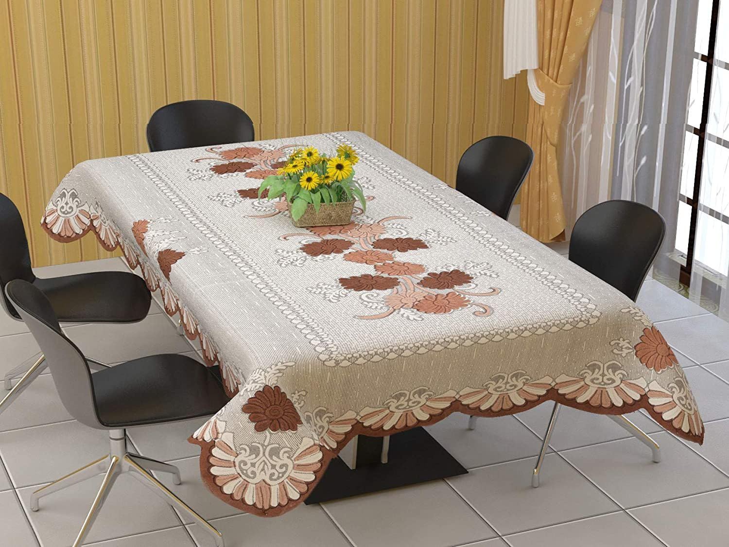 AP Creation Floral 6 Seater Table Cover (Coffee, Cotton)