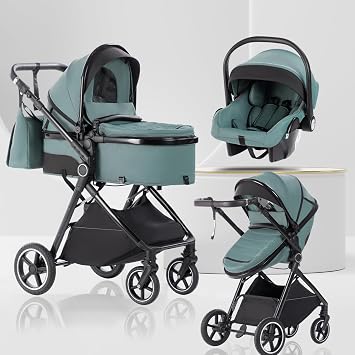 Baby Stroller 3 in 1,Travel Pushchair's Lie-Flat Pram is Foldable, Stroller System Handle is Adjustable, The Wheels are Made of PU Material, Suitable for 0-3 Years-Blue