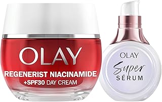 Olay Niacinamid + SPF30 Feuchtigkeitsspendende Tagescreme 50 ml und Super-Serum, 5 Vorteile in 1, 14 ml, 2 Stück, straffere und hydratisierte Haut