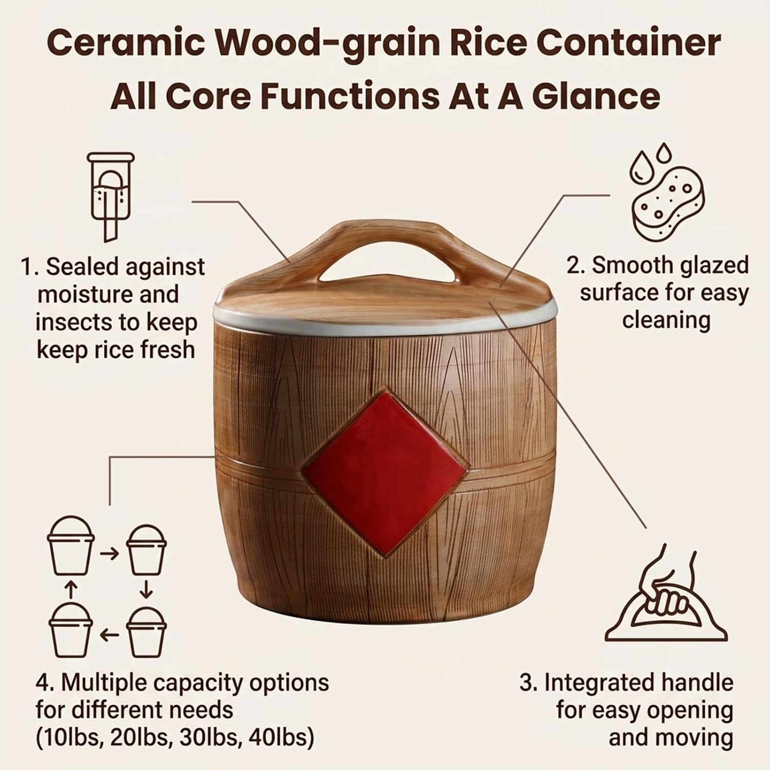 Ceramic Rice Bucket with Lid,Large Ceramic Rice Jar Storage Containers