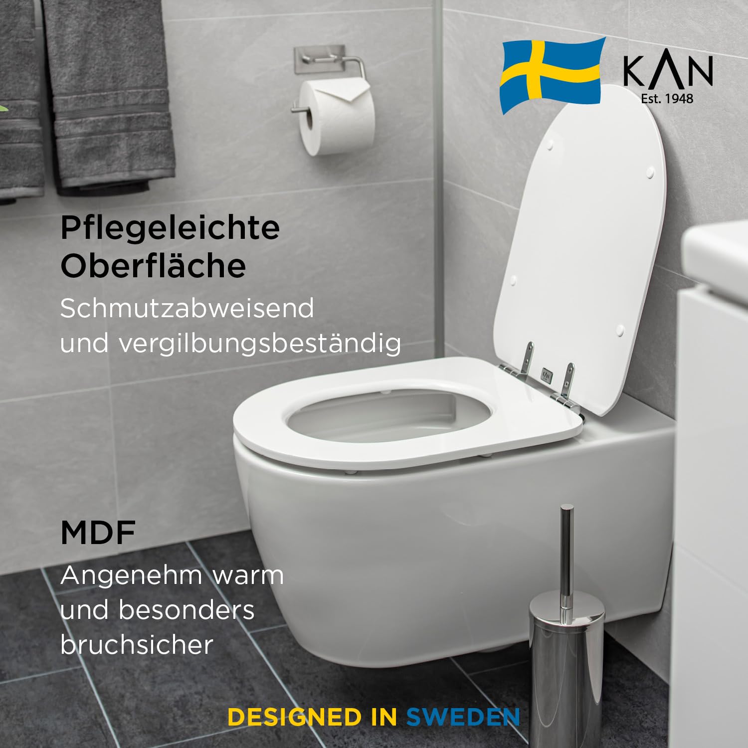 KAN - Sedile WC con abbassamento automatico, forma a D, in legno, con vestibilità universale, fissaggio dall'alto con sistema di bloccaggio magnetico, coperchio piatto con abbassamento automatico