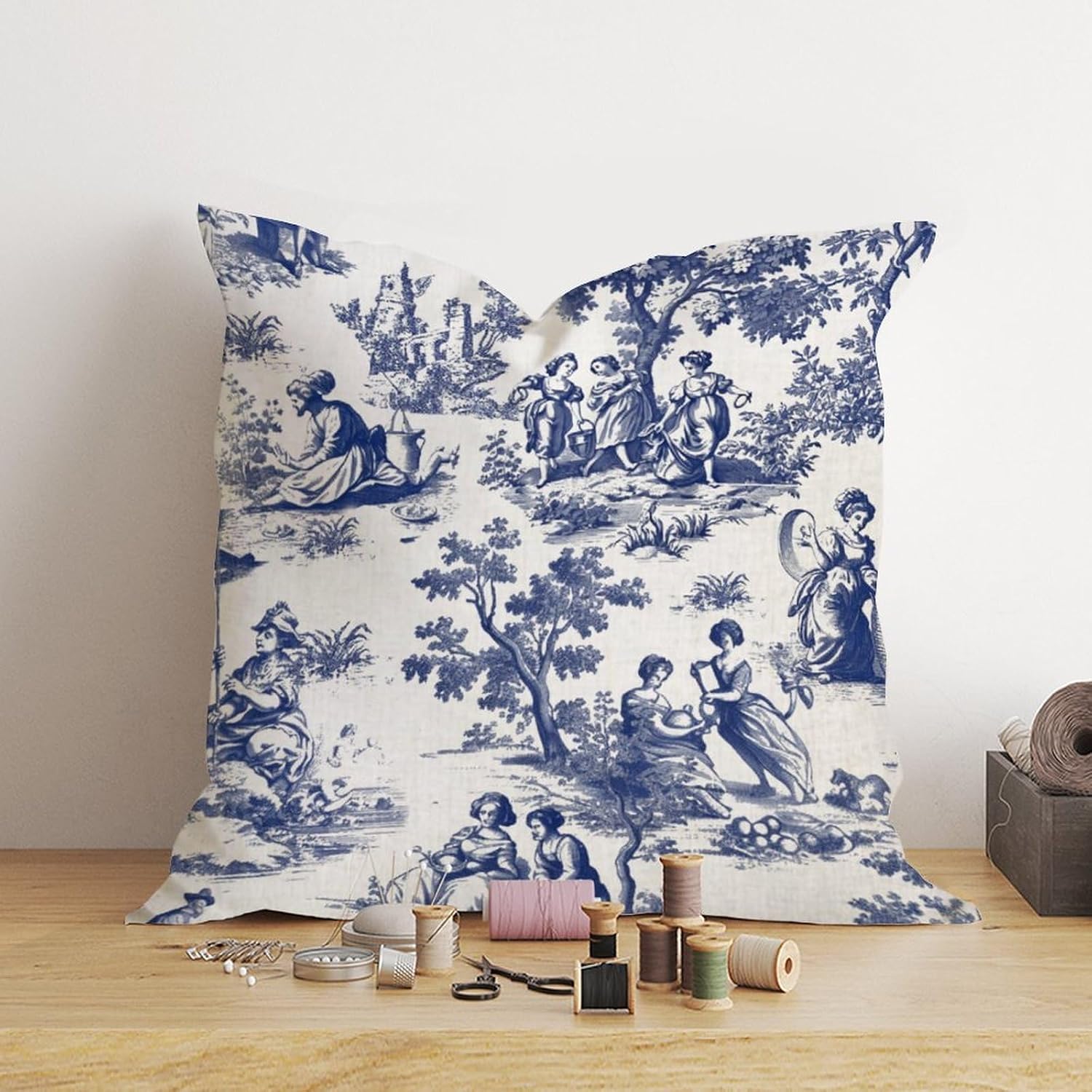 ArogGeld Chinoiserie Toile Pillow Covers French Country Pillow Covers Asian Style Throw Pillow Cover Navy Blue Farmhouse Pillow Case Cushion Cover Home Decor for Couch Sofa Bed Car 22x22in image 4