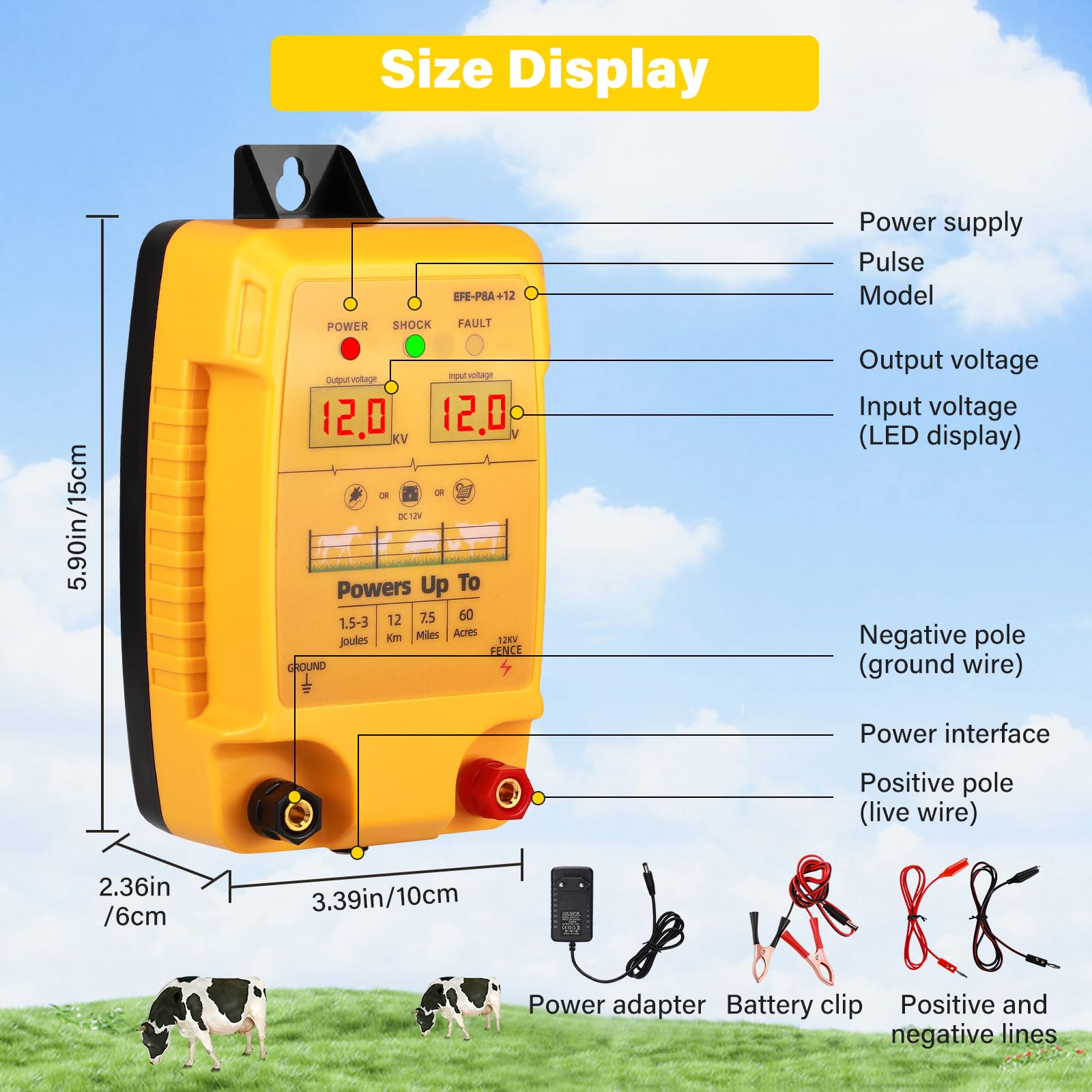 12 V Valla eléctrica para valla de pasto con indicador LED, 2 J 10 kV, resistente al agua, para 12 km de alcance, pantalla LED, valla electrónica para ganado, ovejas, aves, ganado, dispositivo de