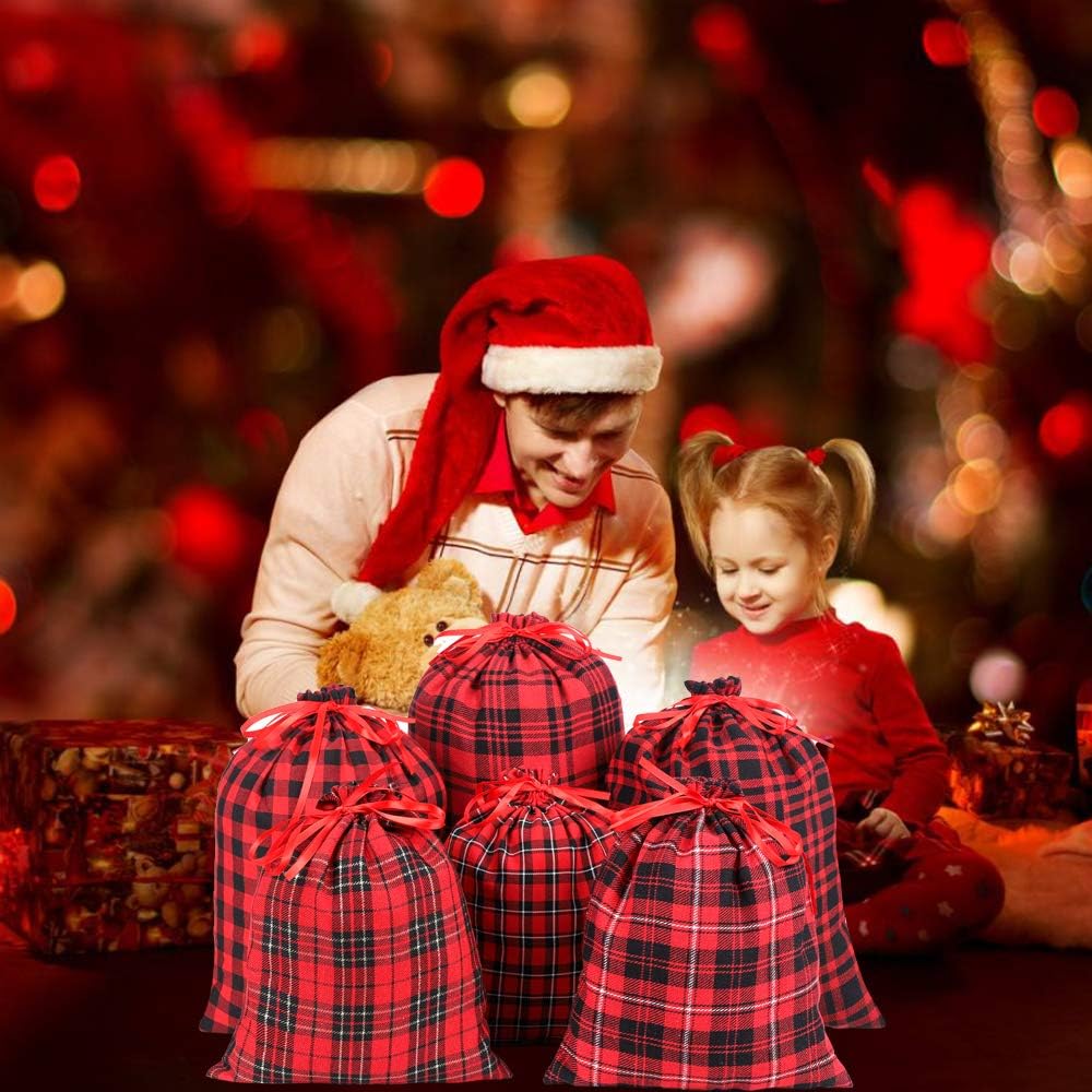 Best Cyber Deals 🔥 Svnntaa 6 Pack Fabric Gift Bags Cotton Red and Black Plaid Drawstring Bag Stocking Storage Sack Present Xmas Gift Bags Party Favors Bags,Three 11.8x9.8 and Three 5.7x11.8