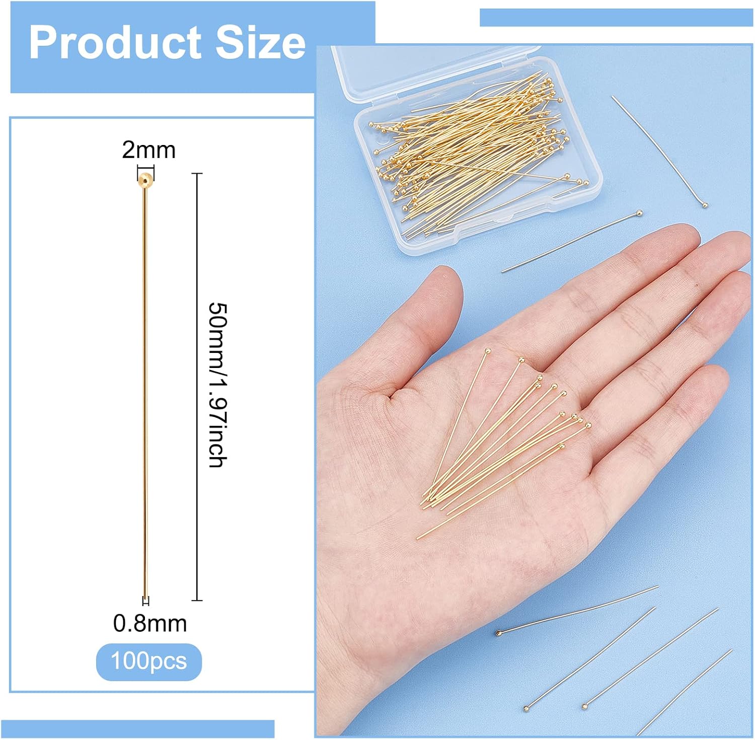 BENECREAT 100Pcs 18K Gold Plated Brass Ball Head Pins, 20 Gauge Wire Headpins for Earring Bracelet Jewelry Making