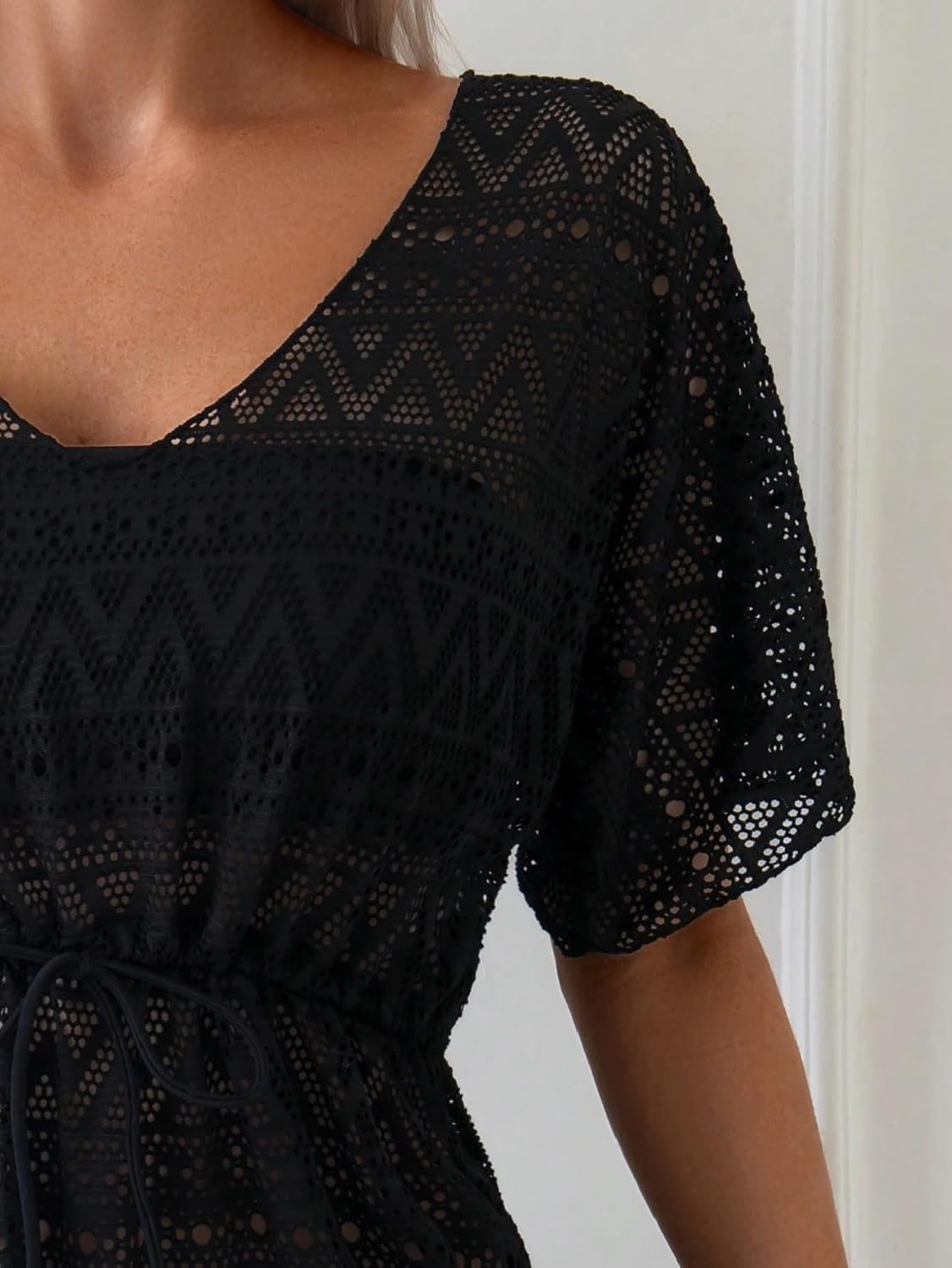Women's Drawstring Waist Hollow Out Cover-Up Dress,Beach And Swimming Pool cover ups for swimwear