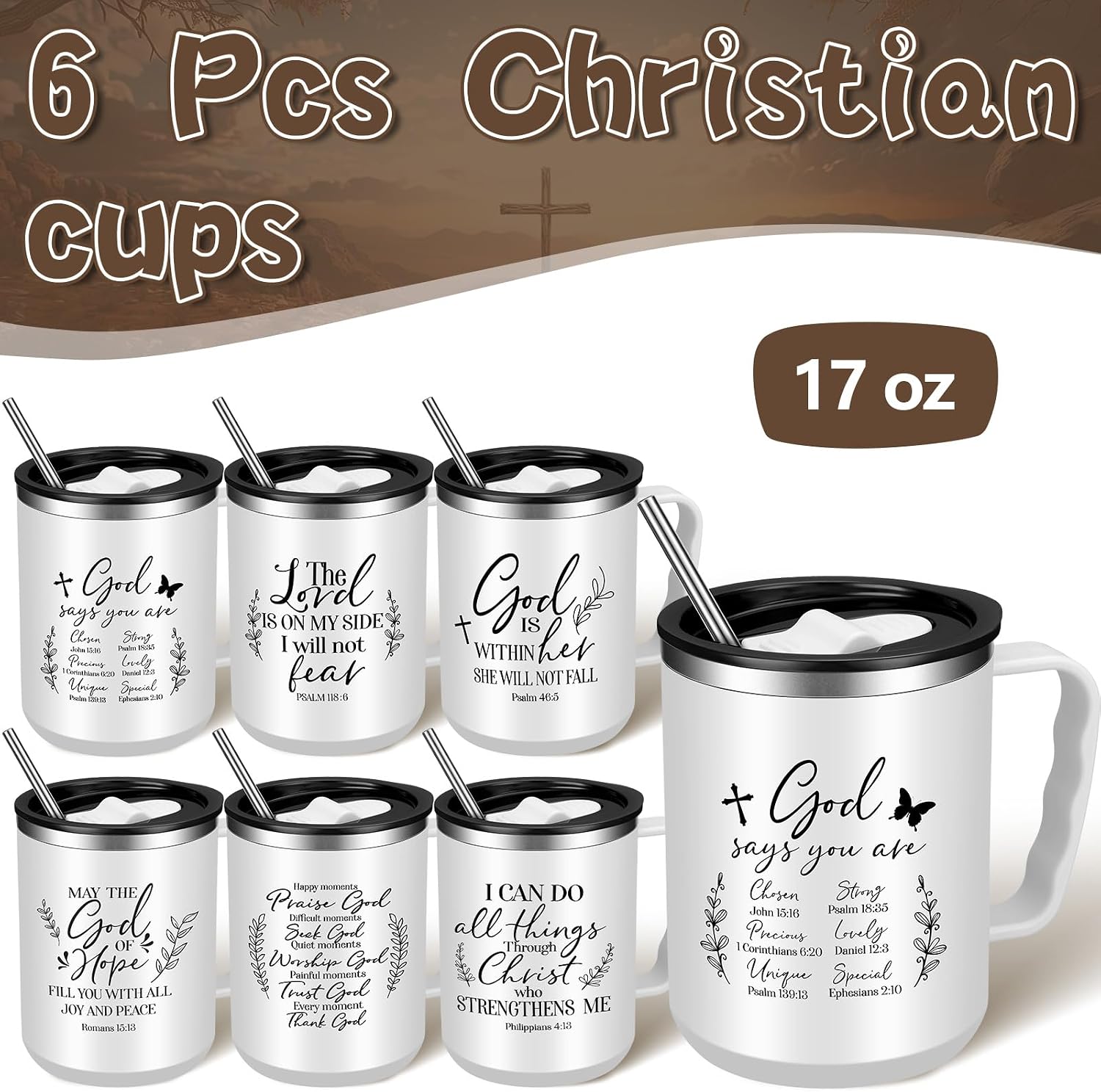 Nitial 6 Pcs Christian Coffee Mugs 17 oz, Bible Verse Tumbler,White image 3