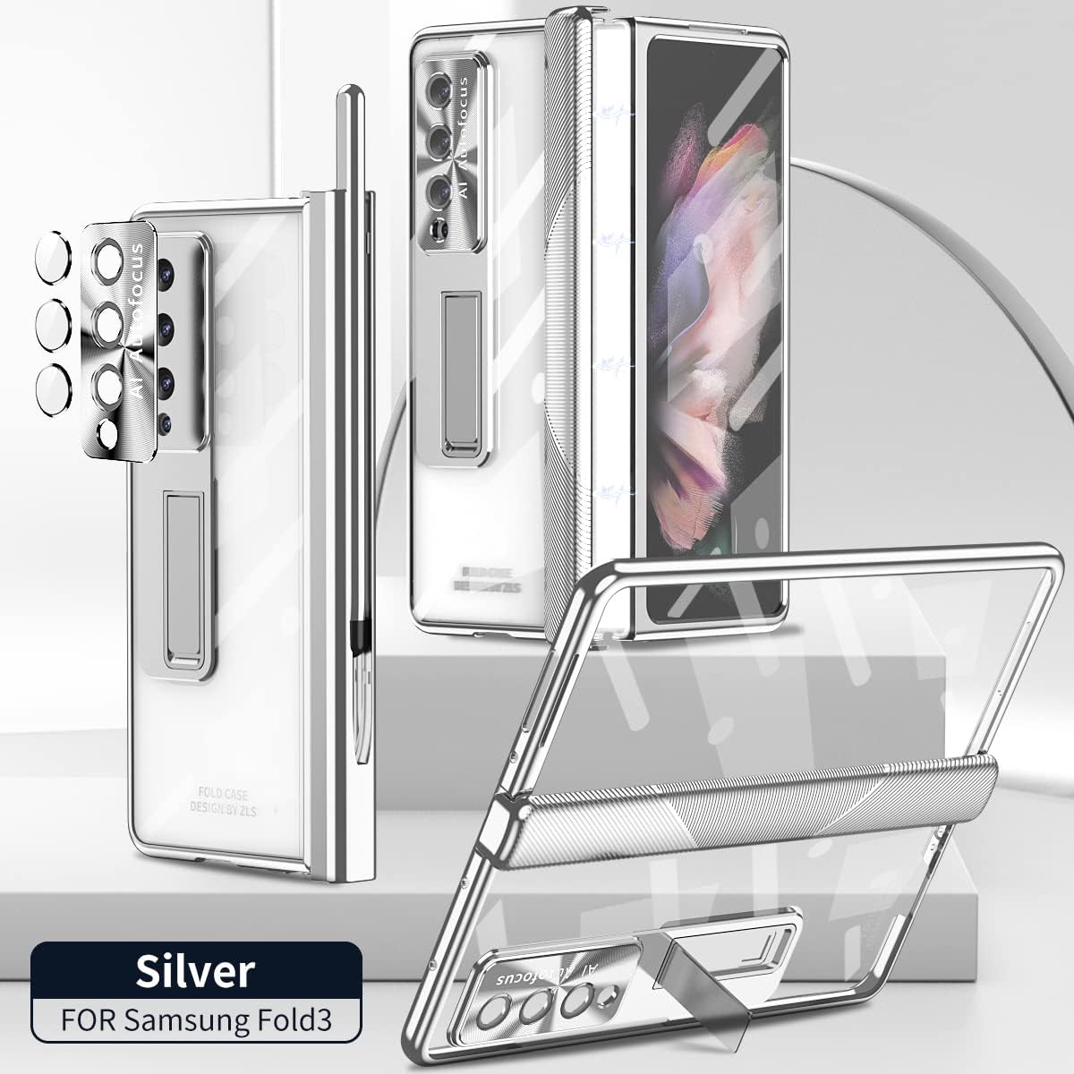 Case for Samsung Galaxy Z Fold 3 with S Pen, S Pen Slot Holder Hinge Coverage Protective Case with Built-in Front Flim Screen Protector and Camera Lens Protector