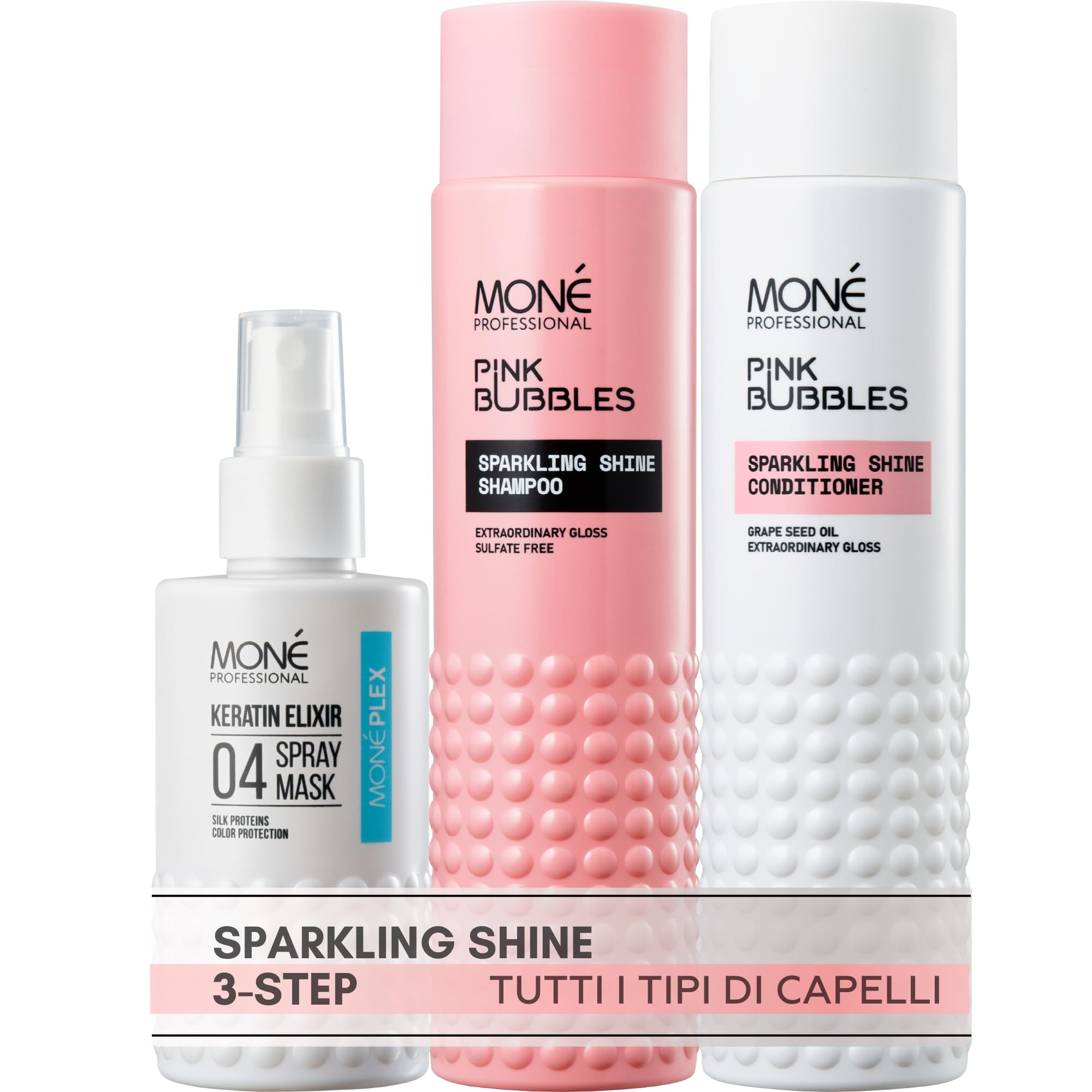 MONÉ Professional Sparkling Shine Shampoo + Dopo Shampoo + Spray per la cura senza risciacquo 10 in 1 con protezione termica fino a 220° (300ml, 300ml, 150ml)