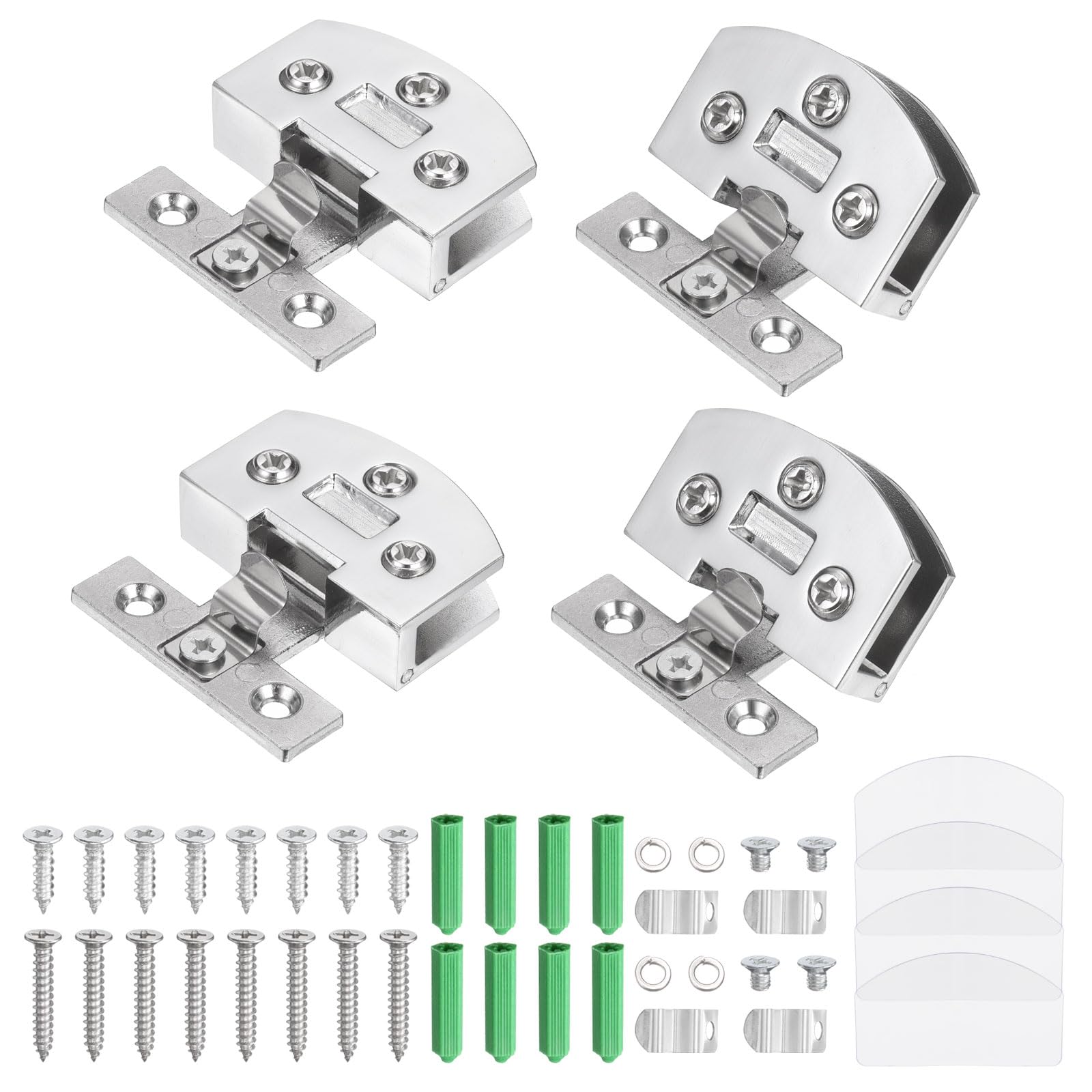 sourcing map 4Pcs Glass Door Hinges, Zinc Alloy No-Drill Glass Shower Door Hinges 90 Degree Cabinet Doors Hinge for 3-7mm Thickness Frameless Doors for Kitchen Bathroom, Glossy Silver