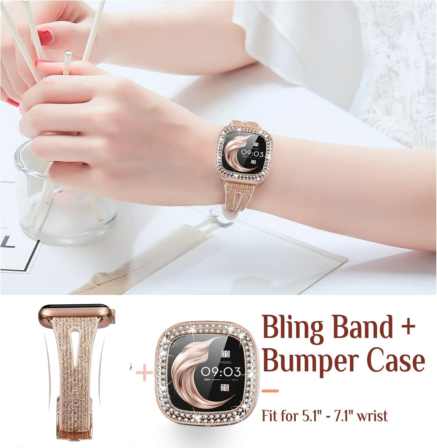 Bling Thin Band for Fitbit Sense/Fitbit Versa Bands for Women - Silicone Glitter Strap Accessories Compatible with Fitbit Sense 2/Versa 4 (Rose Gold) - Image 4