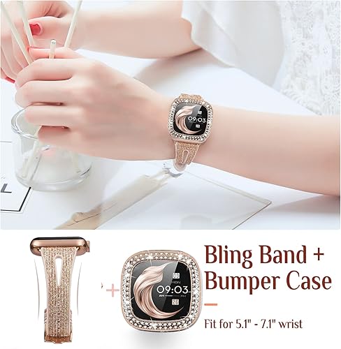 Vista 70 de Correa brillante y funda compatible con Fitbit Versa 4/Fitbit Sense 2 para mujer, pulsera de metal de acero inoxidable de repuesto para Fibit Sense