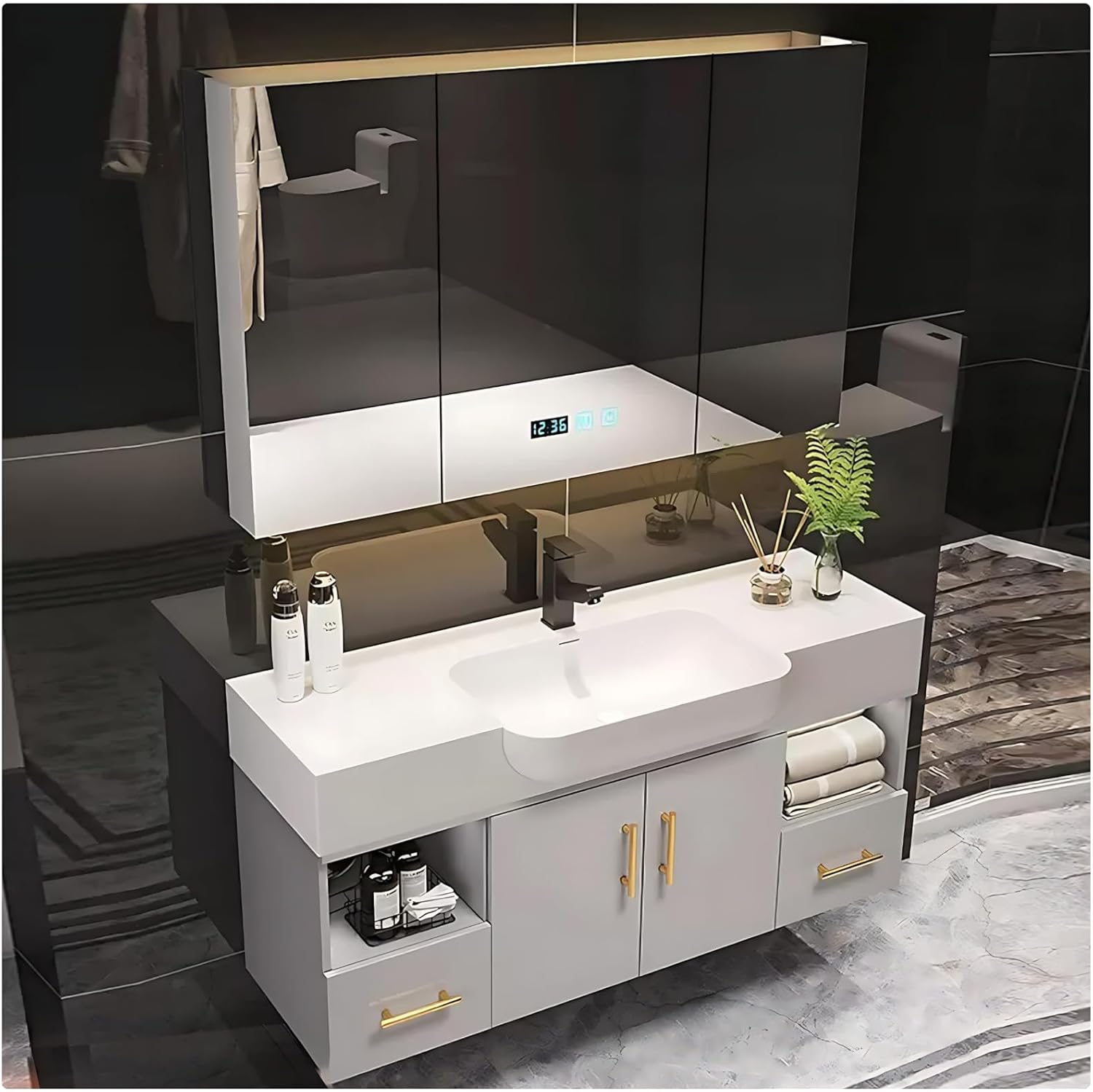48' Bathroom Vanity - Luxury Bathroom Vanity with Sink & Smart Defogging Mirror, Wall Mount for Small Space, Solid Wood Material