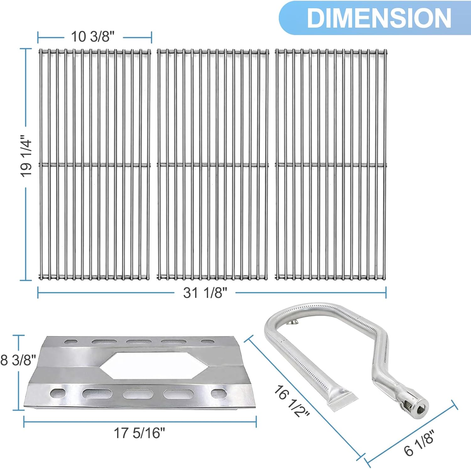 Grill Parts for Nexgrill Replacement Parts,19 1/4" Grill Grate for Brinkmann,17 5/16" Heat Plate and 16 1/2" Burner for Costco Kirkland 720-0108, Nexgrill 720-0011.3 Packs Set