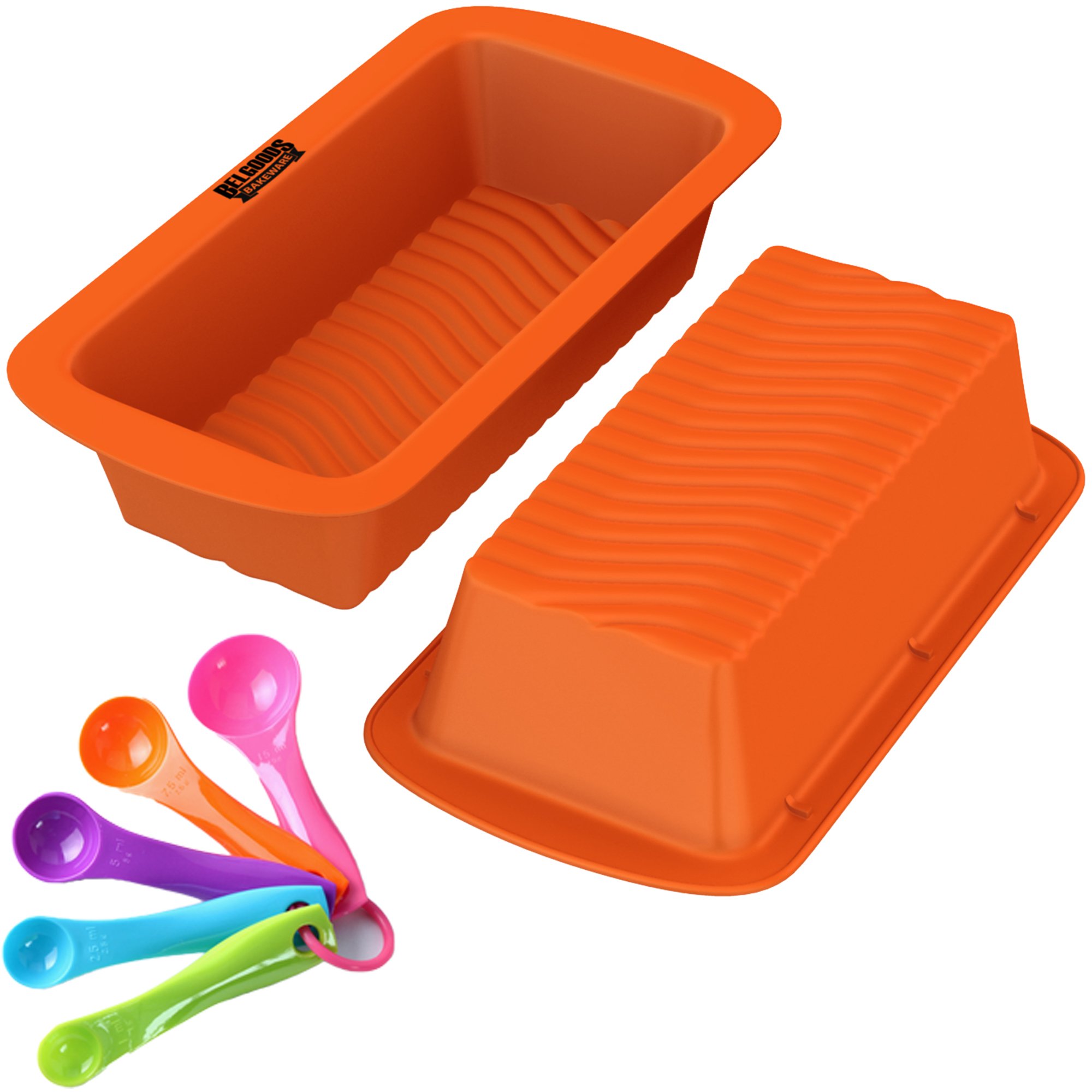 Loaf Pan - Set of 2-100% Pure Food Grade Nonstick Silicone Bread Pan - Orange + Tablespoon Measuring Spoons Set of 5