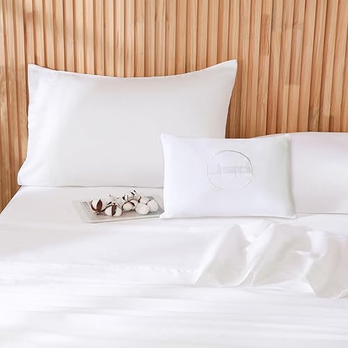 JSD Juego de sábanas 100% algodón tamaño King, sábanas blancas de satén con 300 hilos de alto recuento de hilos, sábanas suaves y transpirables con