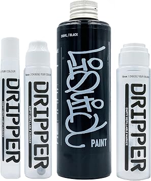 Liquid Paint & Dripper Bundle Dope, Multi Colour Refill & Multi Size Empty Mop Marker Graffiti Art Pack, Permanent 200ml Alcohol Based Paint Black