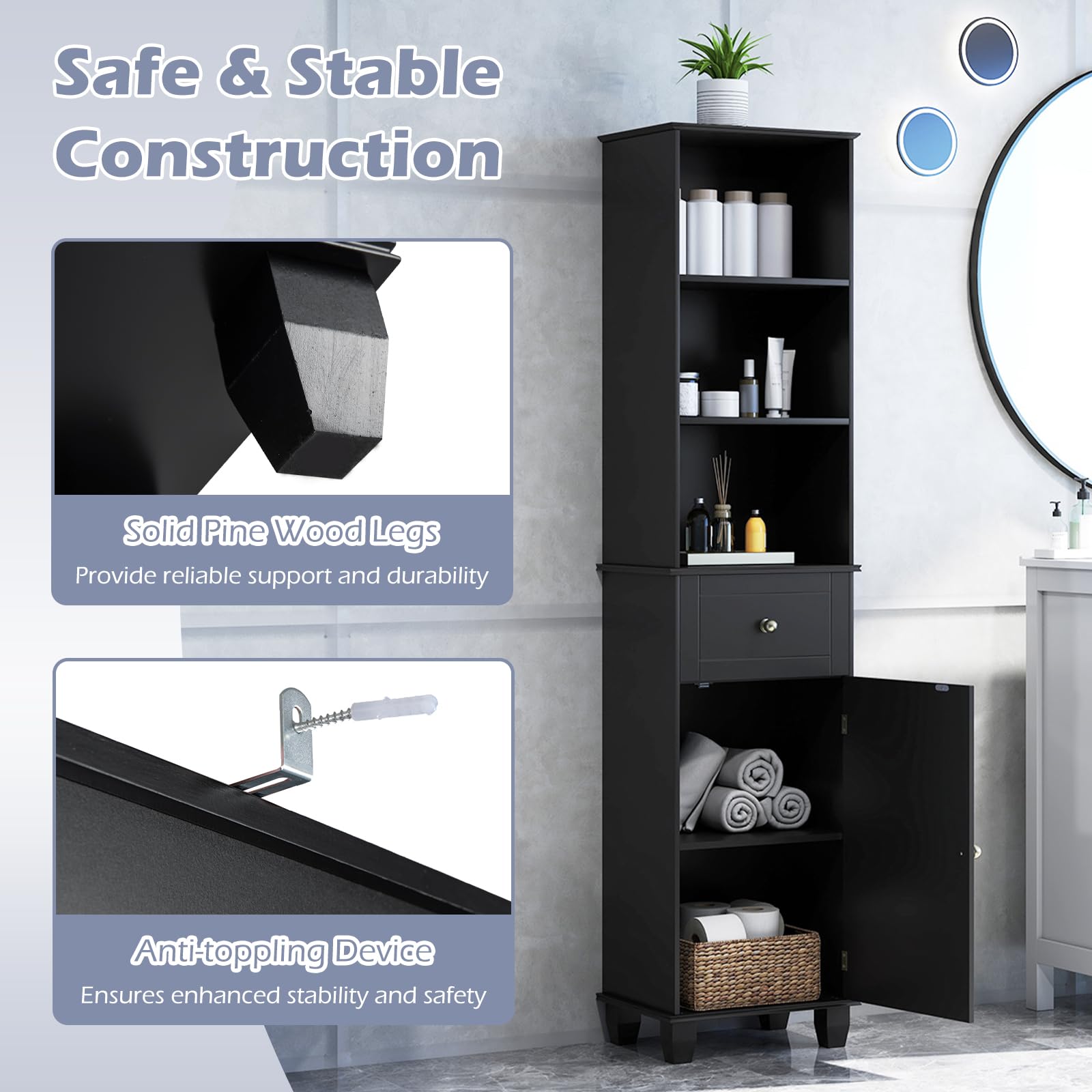 GIANTEX Mobile da bagno alto 172 cm, colonna bagno con 3 ripiani aperti, 1 cassetto, 1 anta e ripiano regolabile, salvaspazio, mobile portaoggetti per cucina, soggiorno (nero)