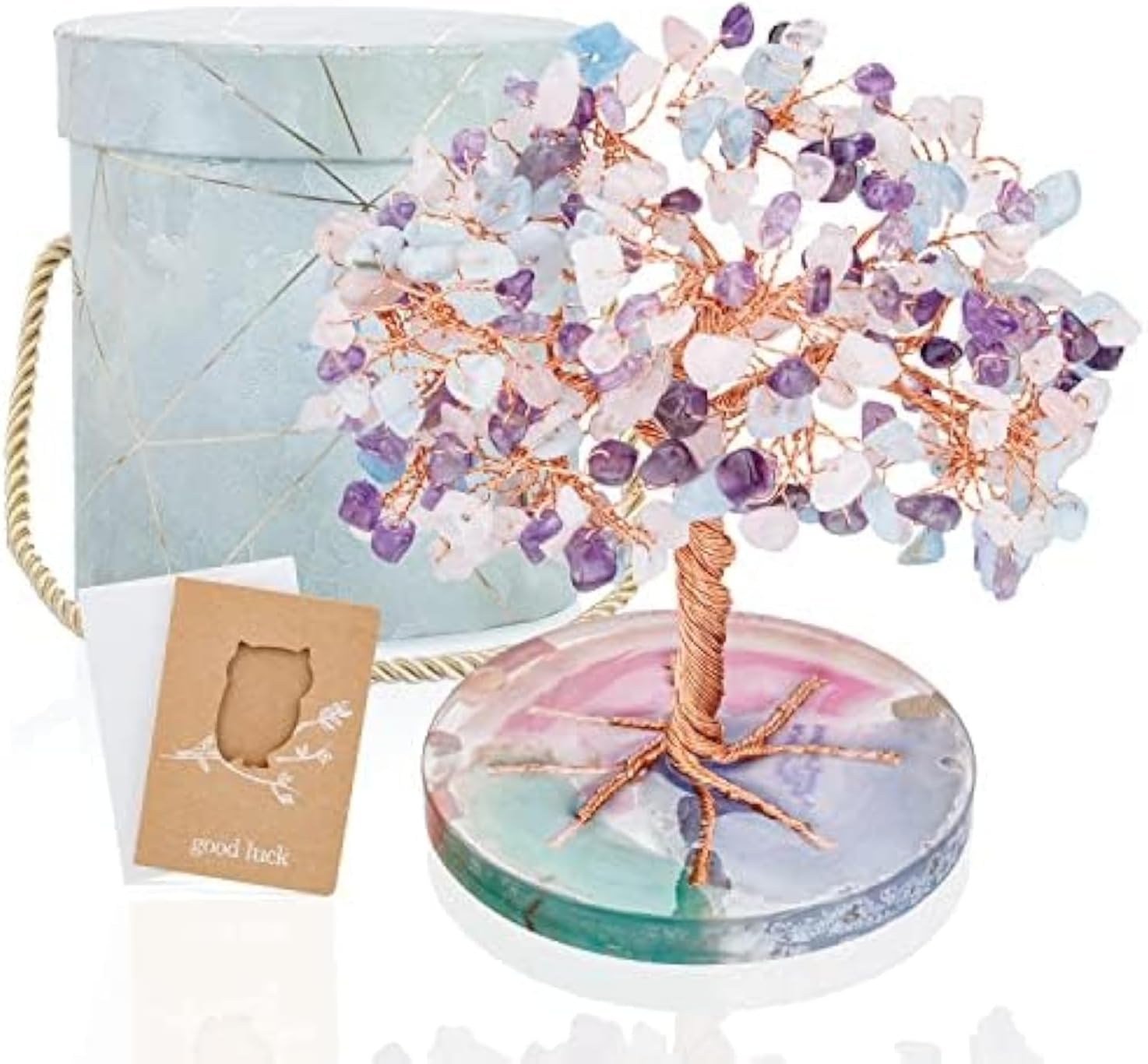 ZenBless 7 Chakra Healing Crystals Stones Tree, Amethyst Pink Aquamarine Leaf Wire on Natural Agate Slice Base House Warming Feng Shui Decoration Luck Gifts for Women Mom Birthday Valentine's Day