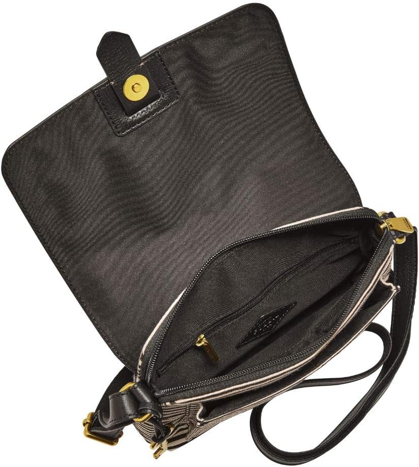 Fossil Women's Kinley Leather/Fabric Small Crossbody Handbag, Black Stripe with Women's Logan Faux Leather RFID Bifold Wallet, Black