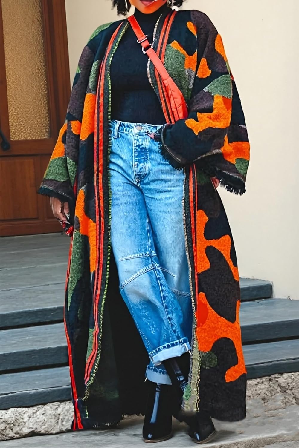 Seltaon Camo Long Cardigan Sweaters for Women Open Front Fall Knit Camouflage Cardigans Sweater Coat Outwear Plus Size Trendy - Image 3