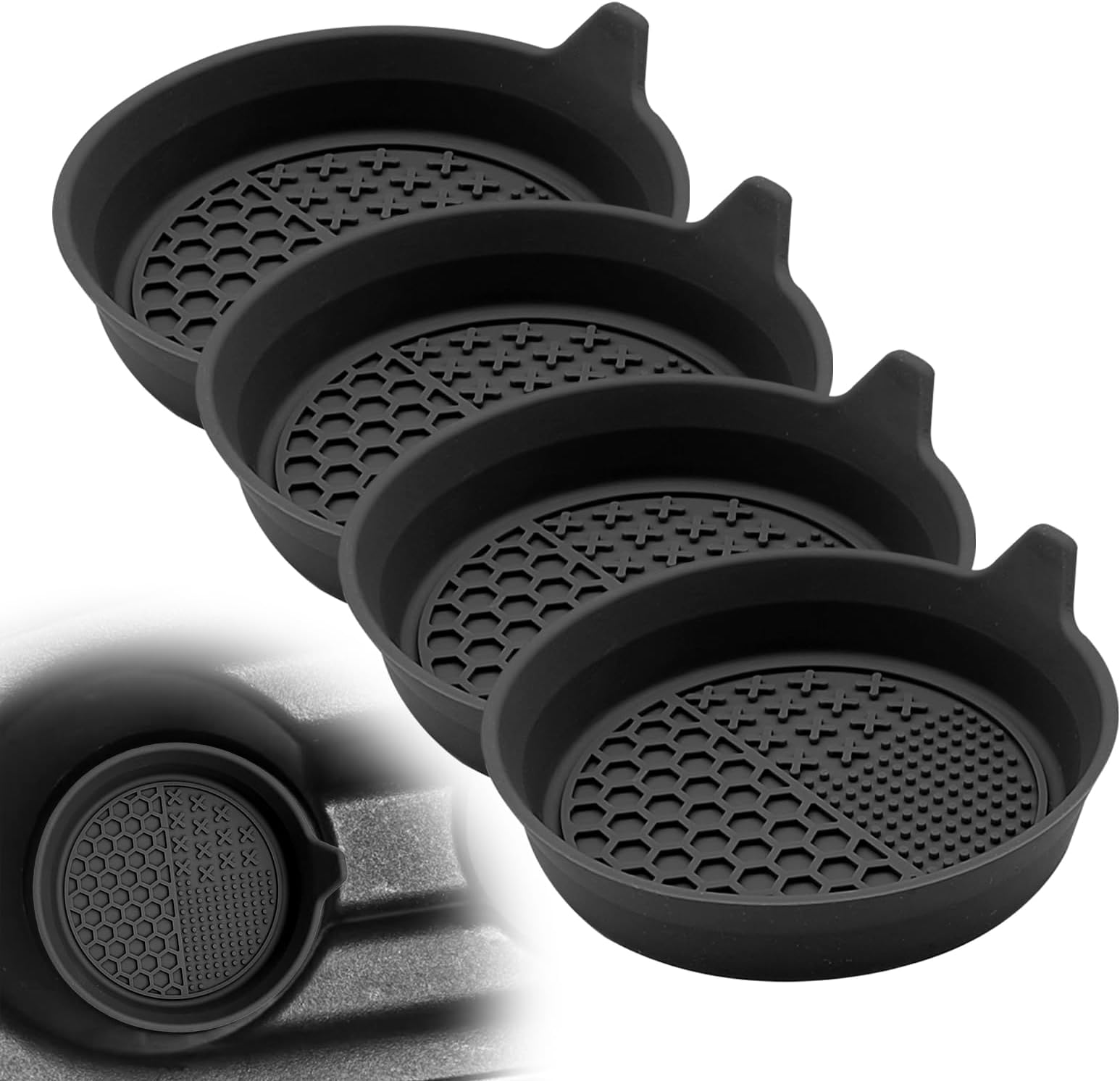 4PCS Car Cup Holder Coaster, Automotive Interior Insulation Drink Cup Pad Decor Accessories, Silicone Non-Slip Recessed Vehicle Drink Cup Mat, Universal for SUV, Sedan, Truck (Black)