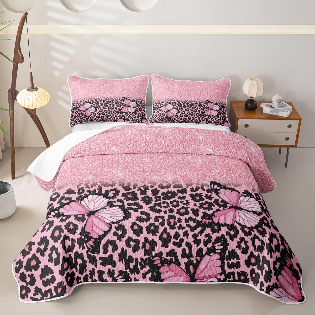 Manfei Leopard Quilted Coverlet Queen Size,Sparkling Butterfly Quilt Bedding Set,Modern Fashion Bed Covers for All Season,Bright Pink Black Quilted Bedspread 3 Pieces,2 Pillowcases