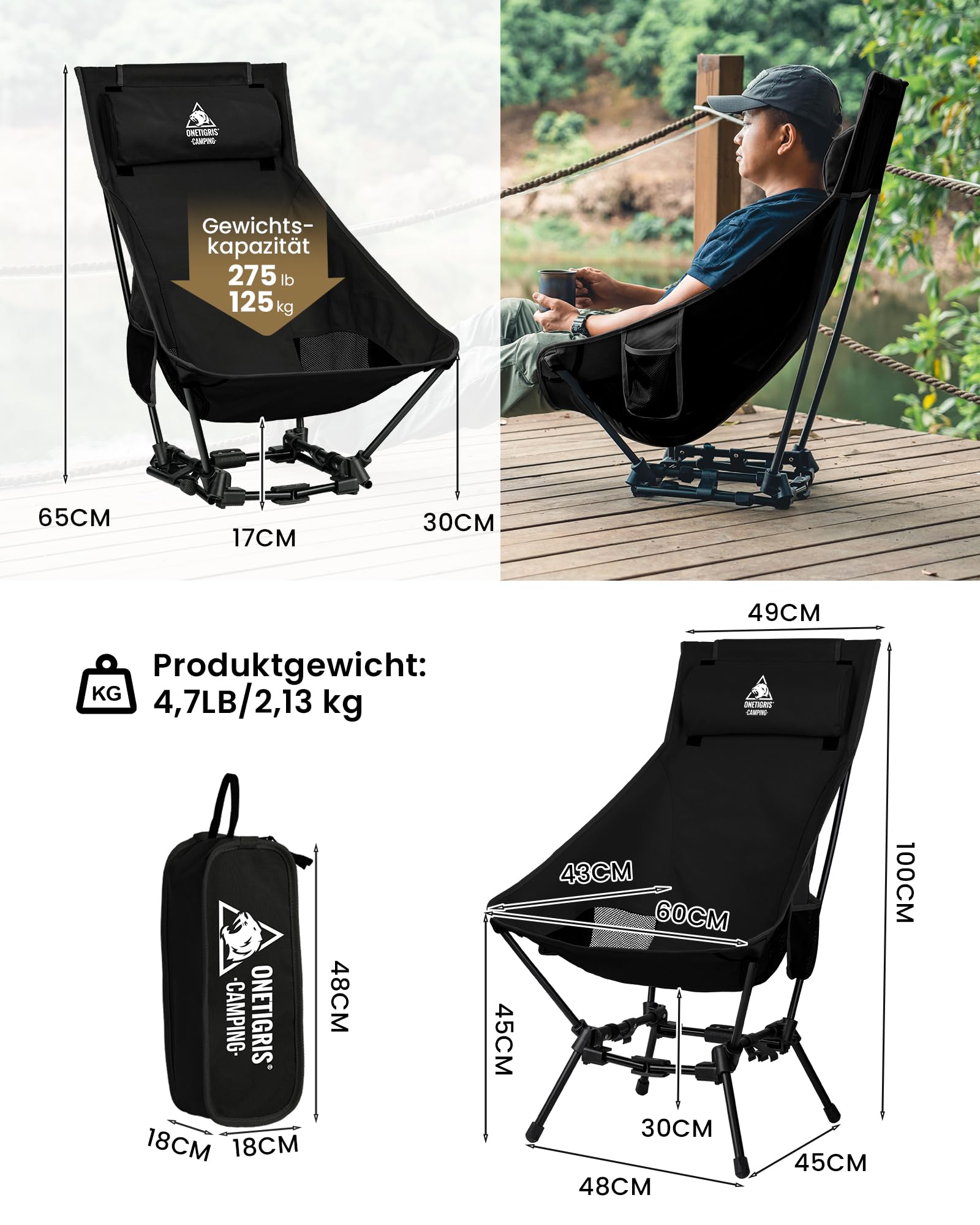 OneTigris DRAGONHIDE Krzesło kempingowe z wysokim oparciem, składane, 125 kg, lekkie, krzesło wędkarskie, z 2 kieszeniami bocznymi, do aktywności na świeżym powietrzu, wędrówek, czarne